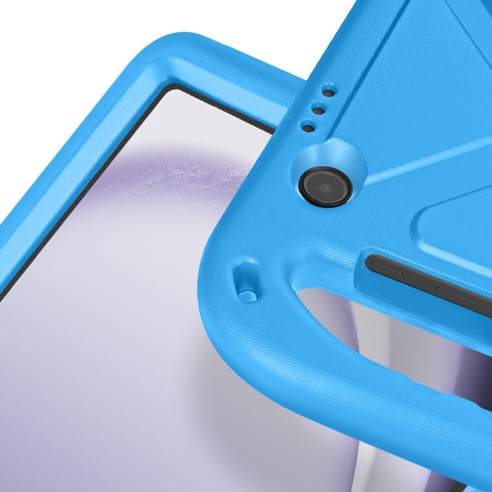 Nahaufnahme einer blauen Tablet-Hülle mit sichtbarer Kamera und Tasten.