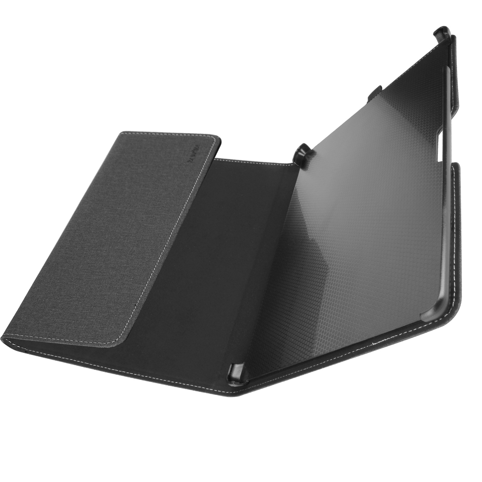 Custodia per tablet, aperta, rivestimento in tessuto grigio, interno nero, cuciture bianche. Sfondo bianco.