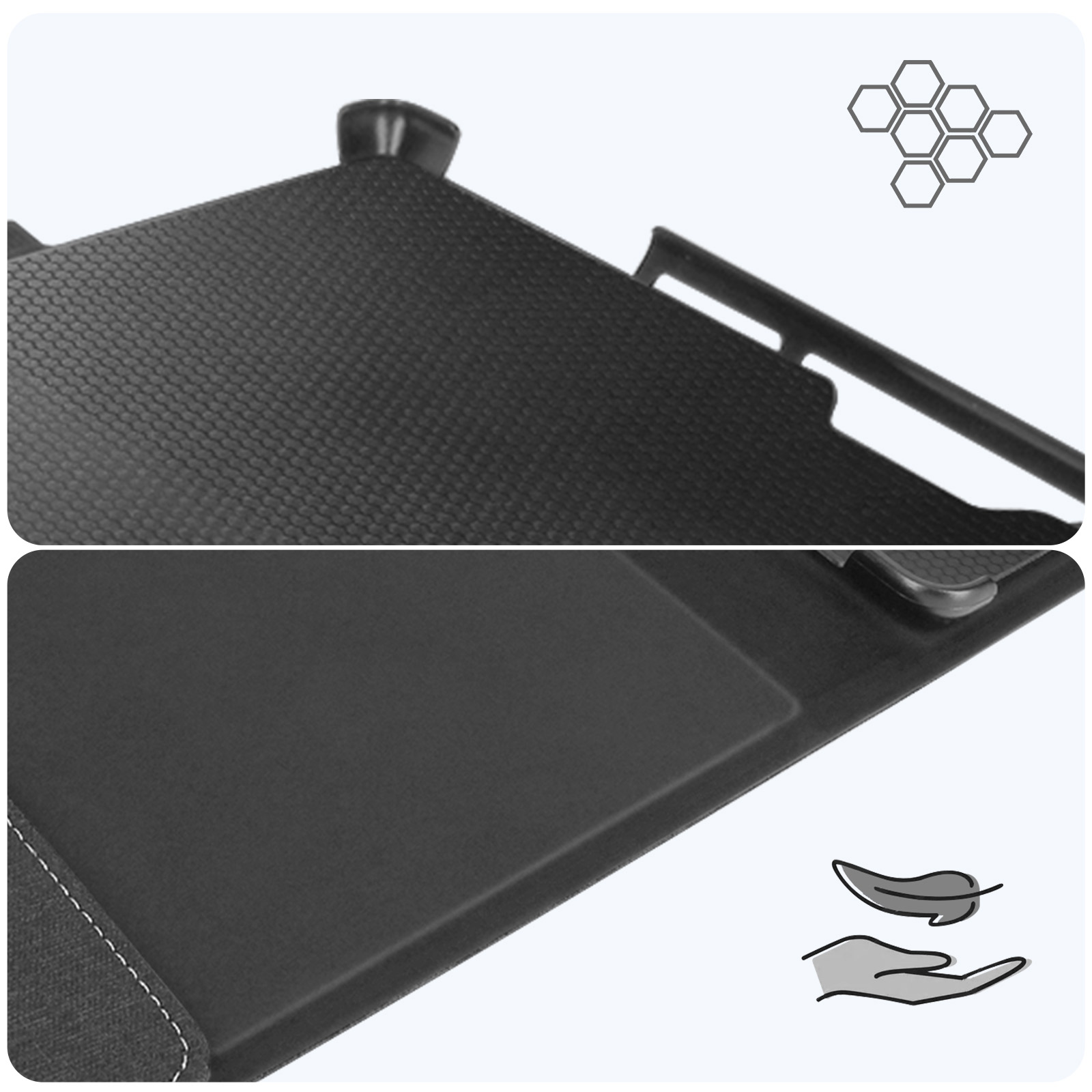 Primo piano dei dettagli della custodia del tablet, che mostra la trama e gli elementi di design.