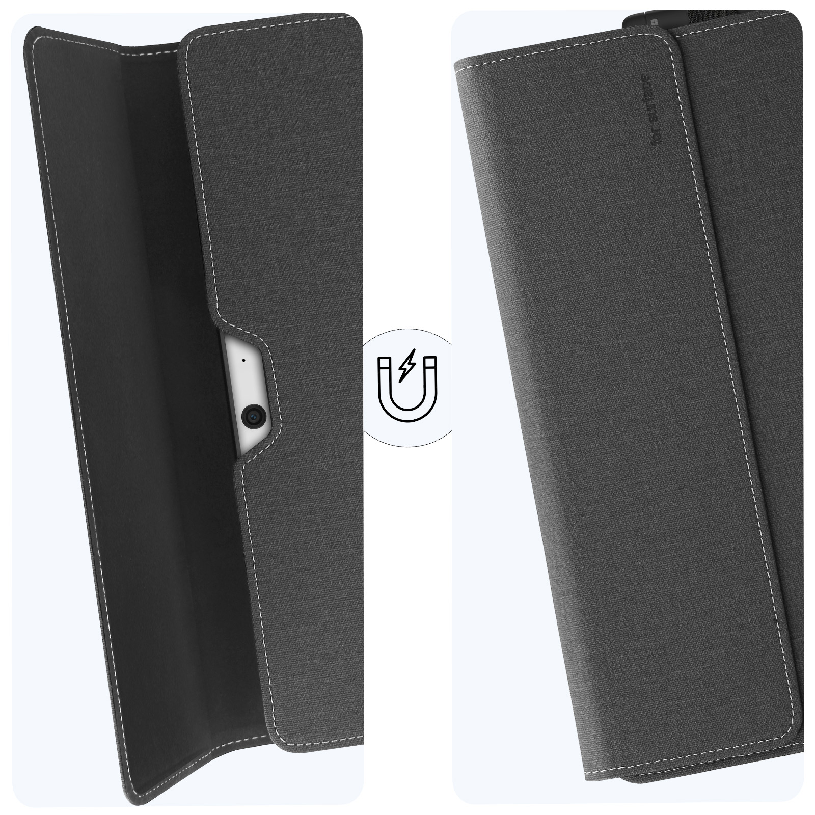 Custodia per tablet nera, con tablet e simbolo magnetico. Sfondo bianco.