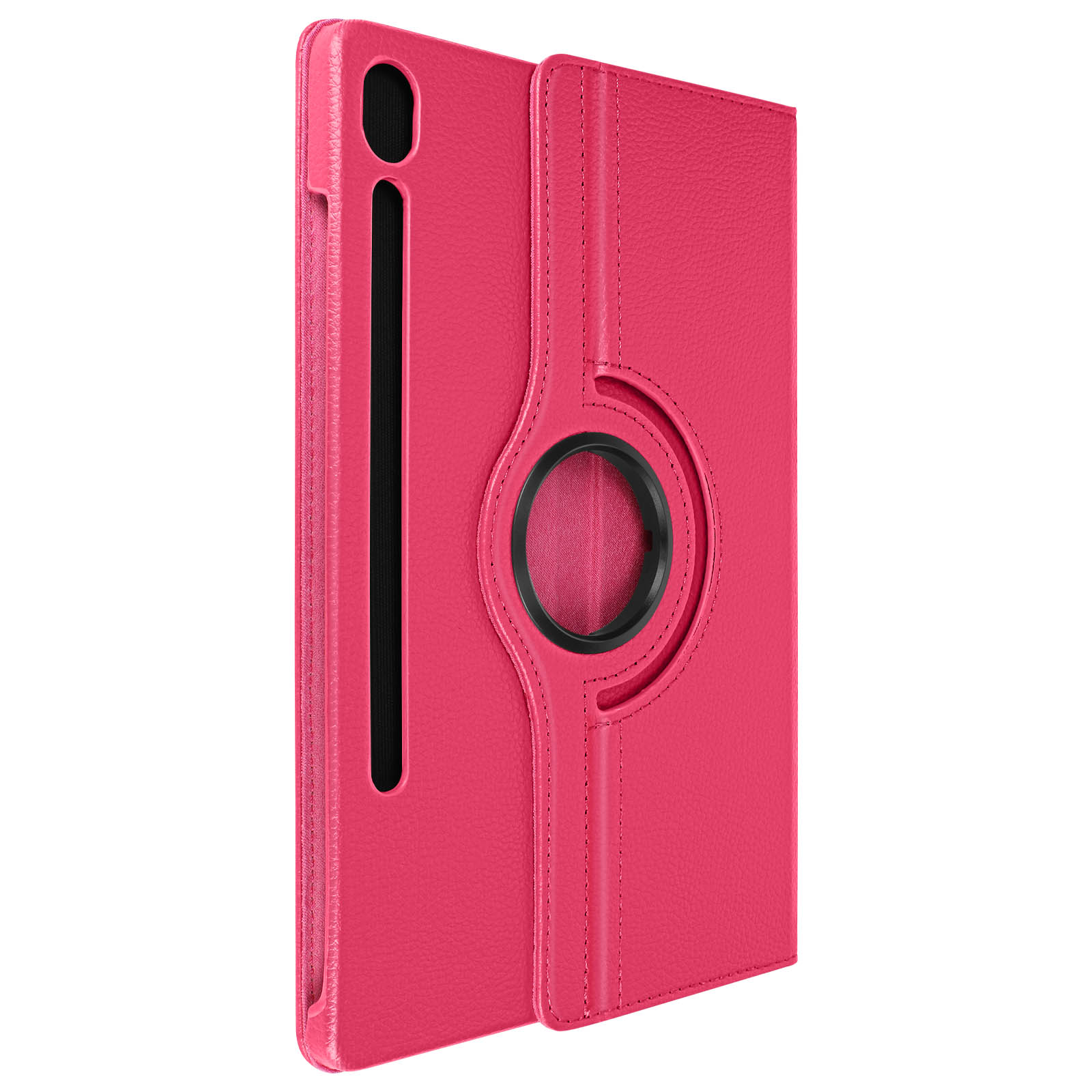 Custodia rosa per tablet, con portapenna, anello nero, primo piano, studio.