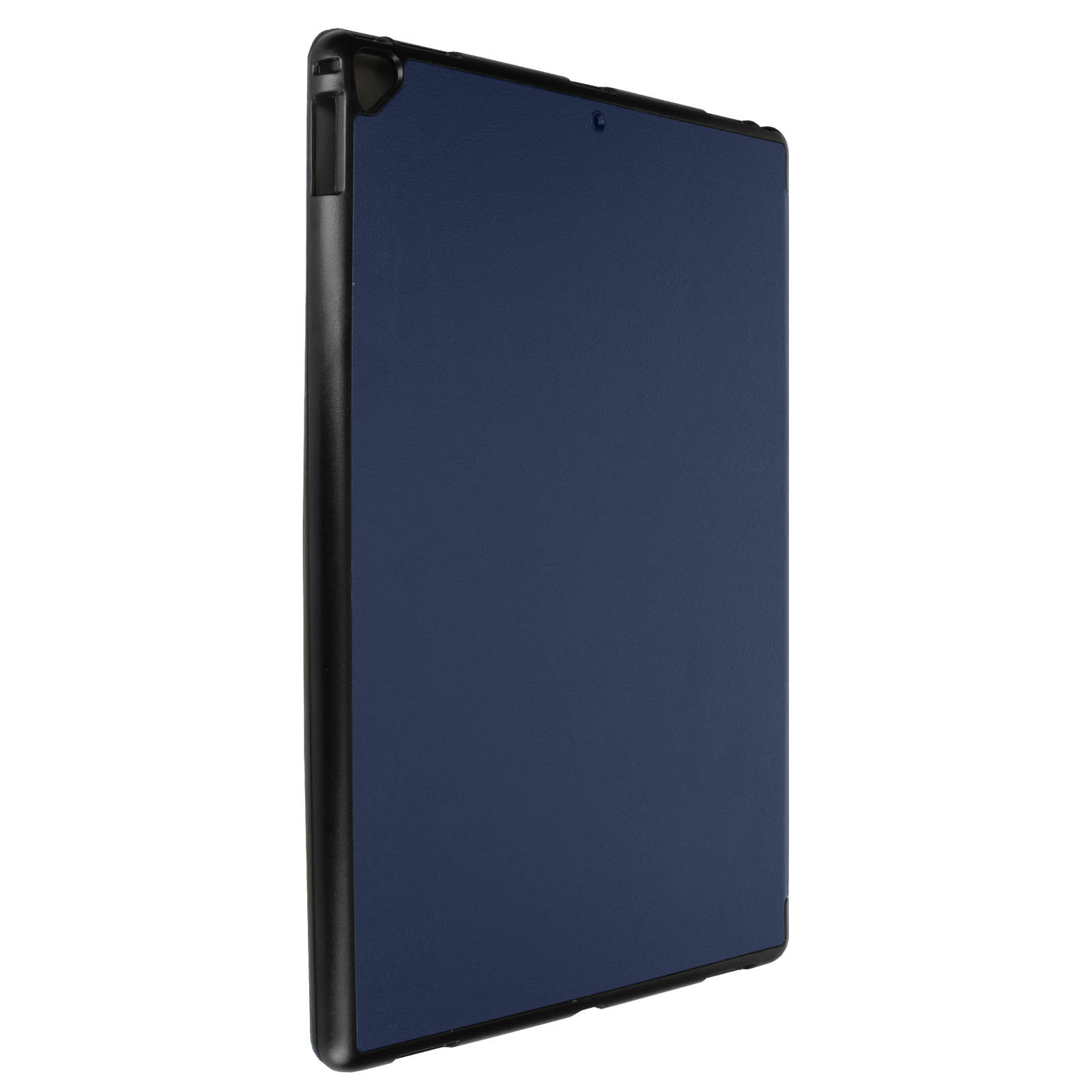 Custodia per tablet blu, cornice nera, vista angolata. Sfondo bianco.