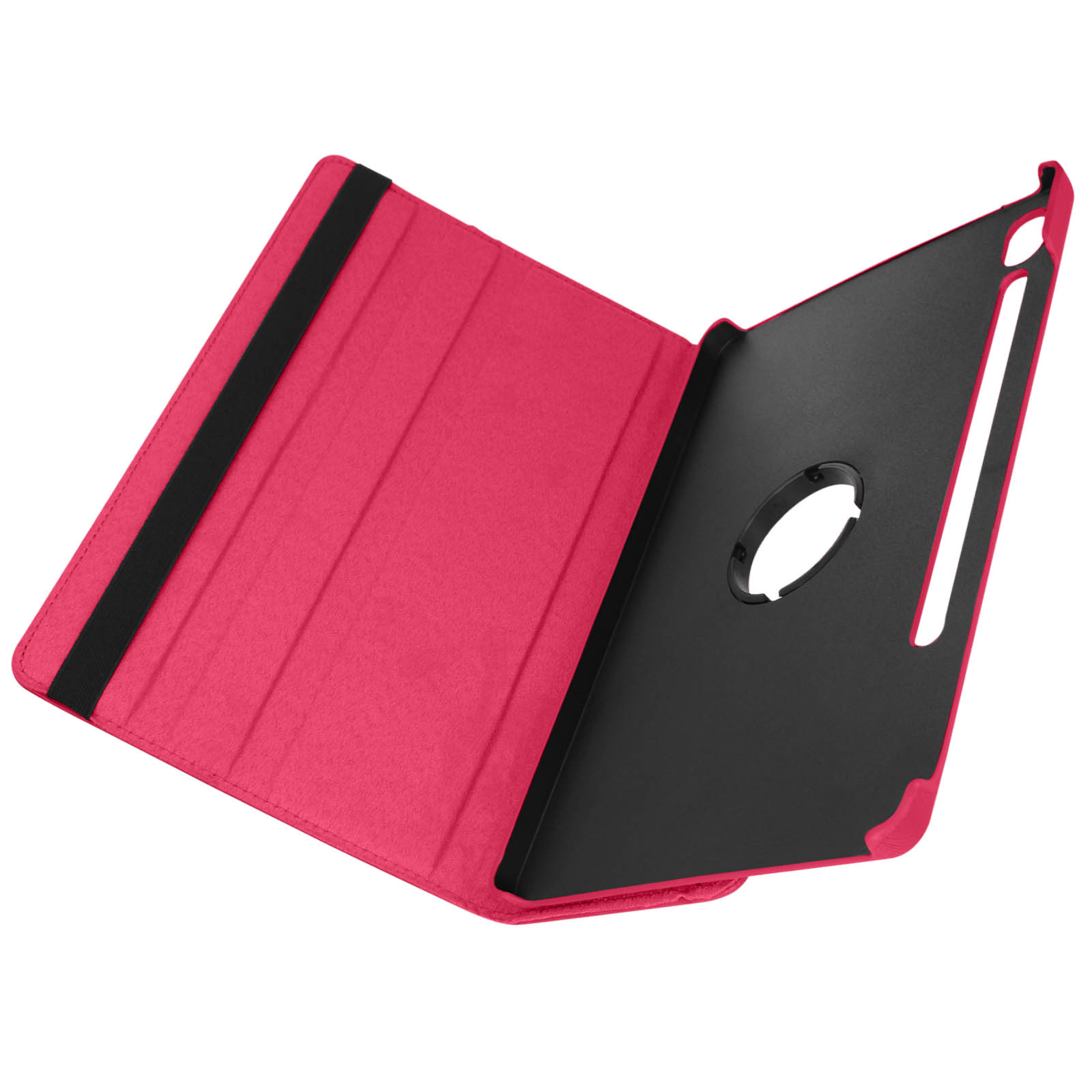 Custodia per tablet rosa, aperta. Interno nero con anello rotante e fascia elastica nera.