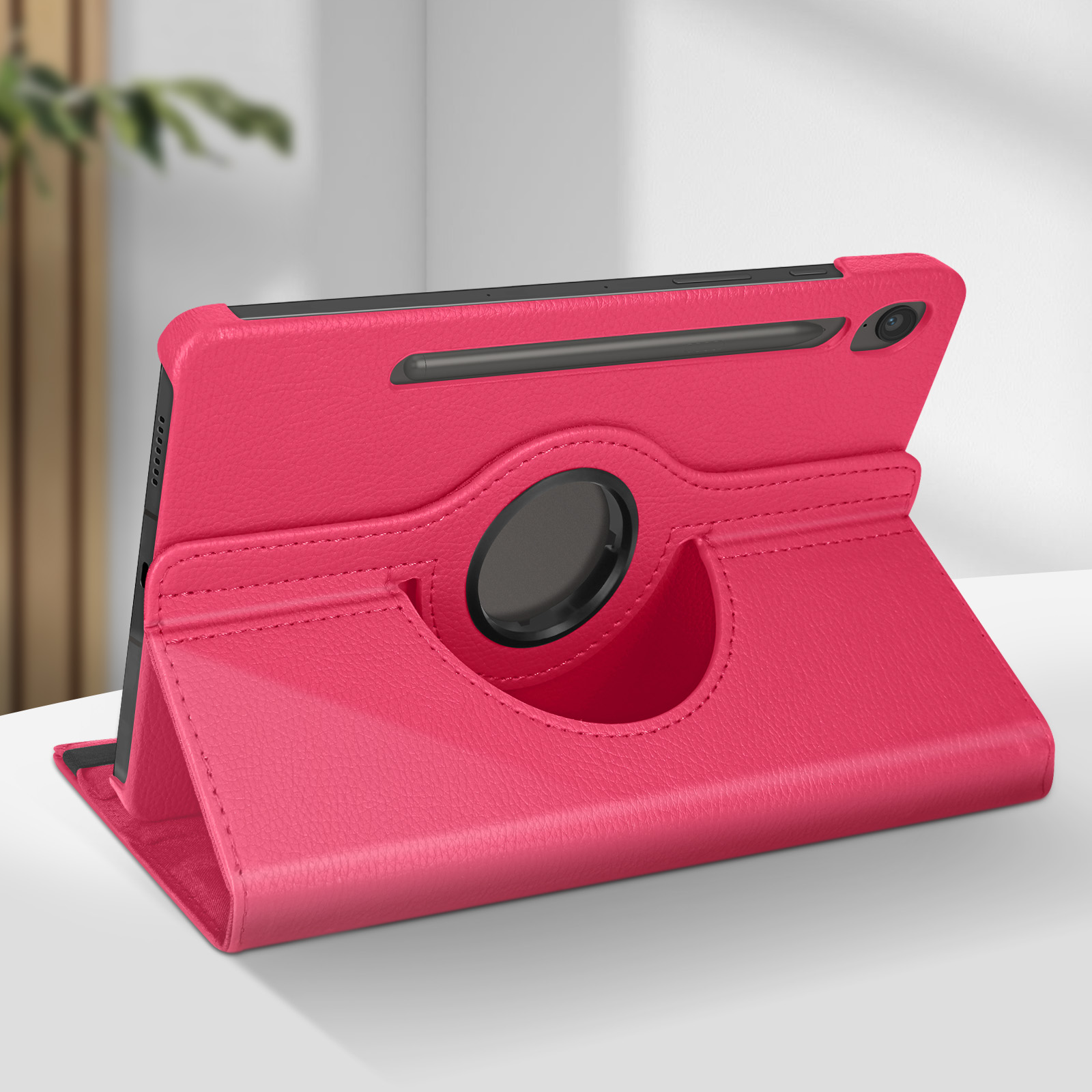 Custodia per tablet rosa con supporto. Tablet nella custodia, con pennino.