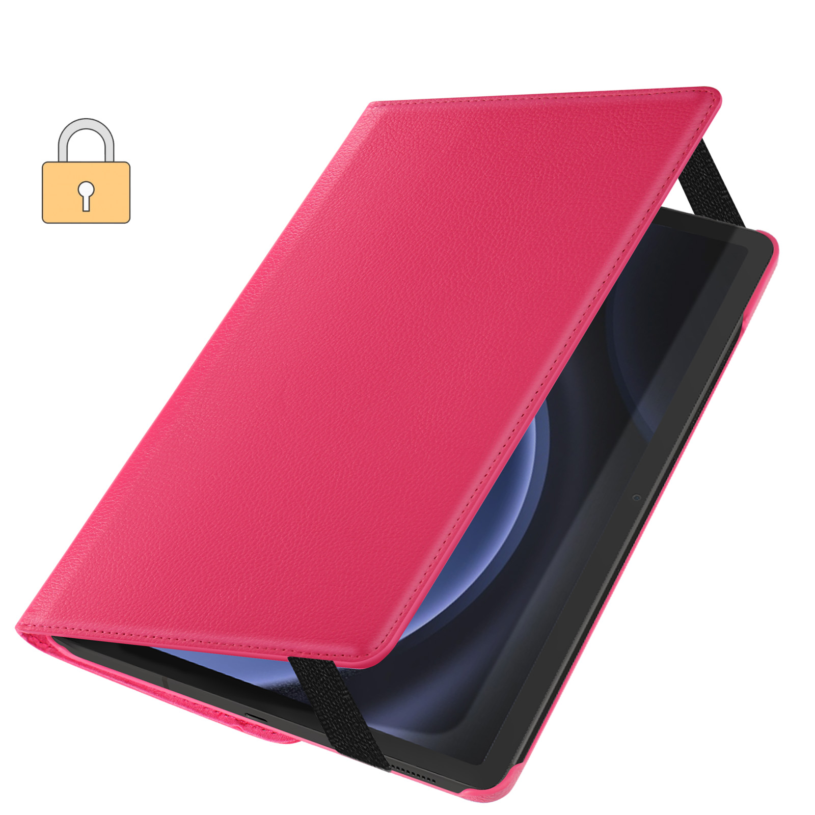 Custodia rosa per tablet con cinturino nero e coperchio aperto. Icona lucchetto in alto a sinistra.