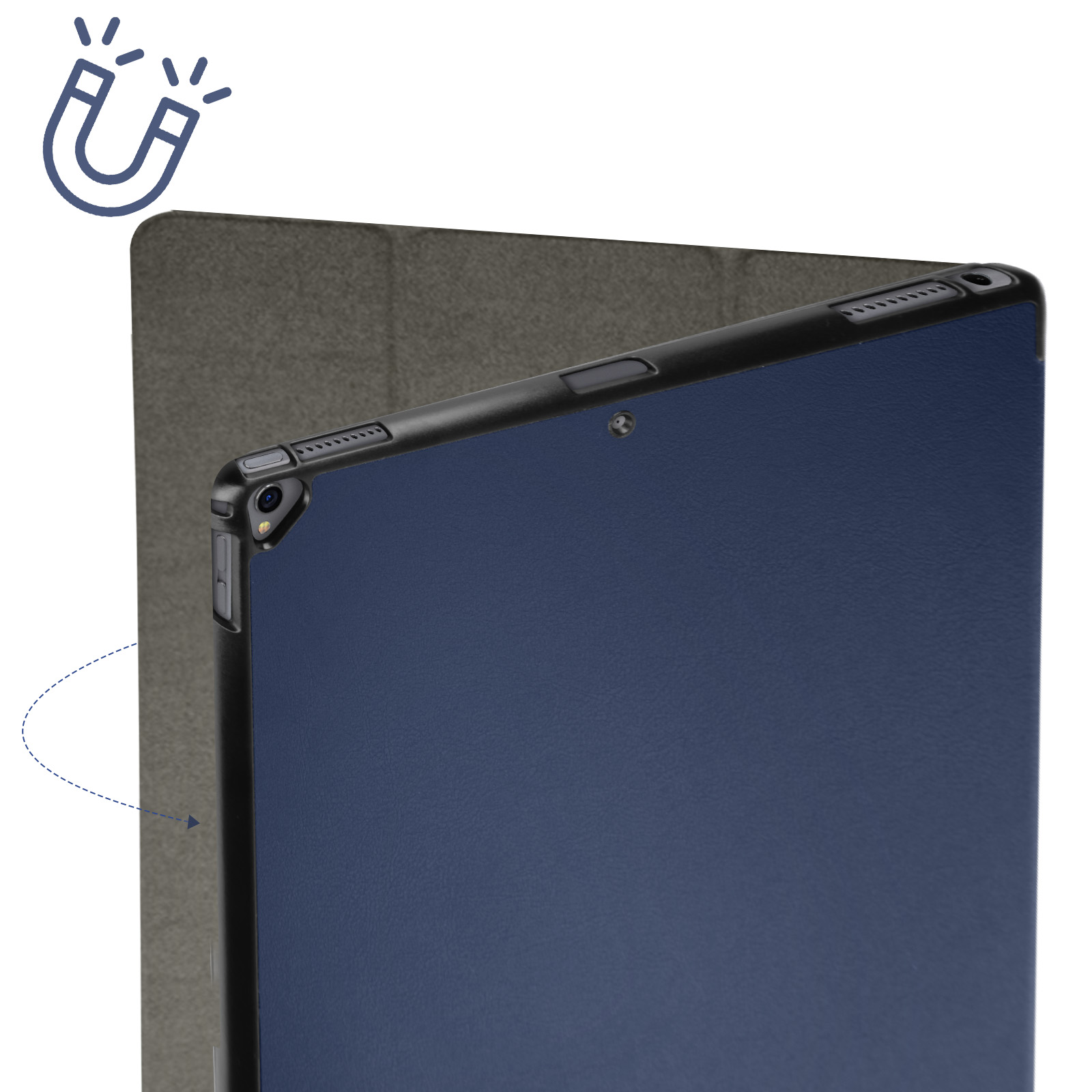 Custodia per tablet blu, vista angolare, con simbolo magnetico. Sfondo grigio.