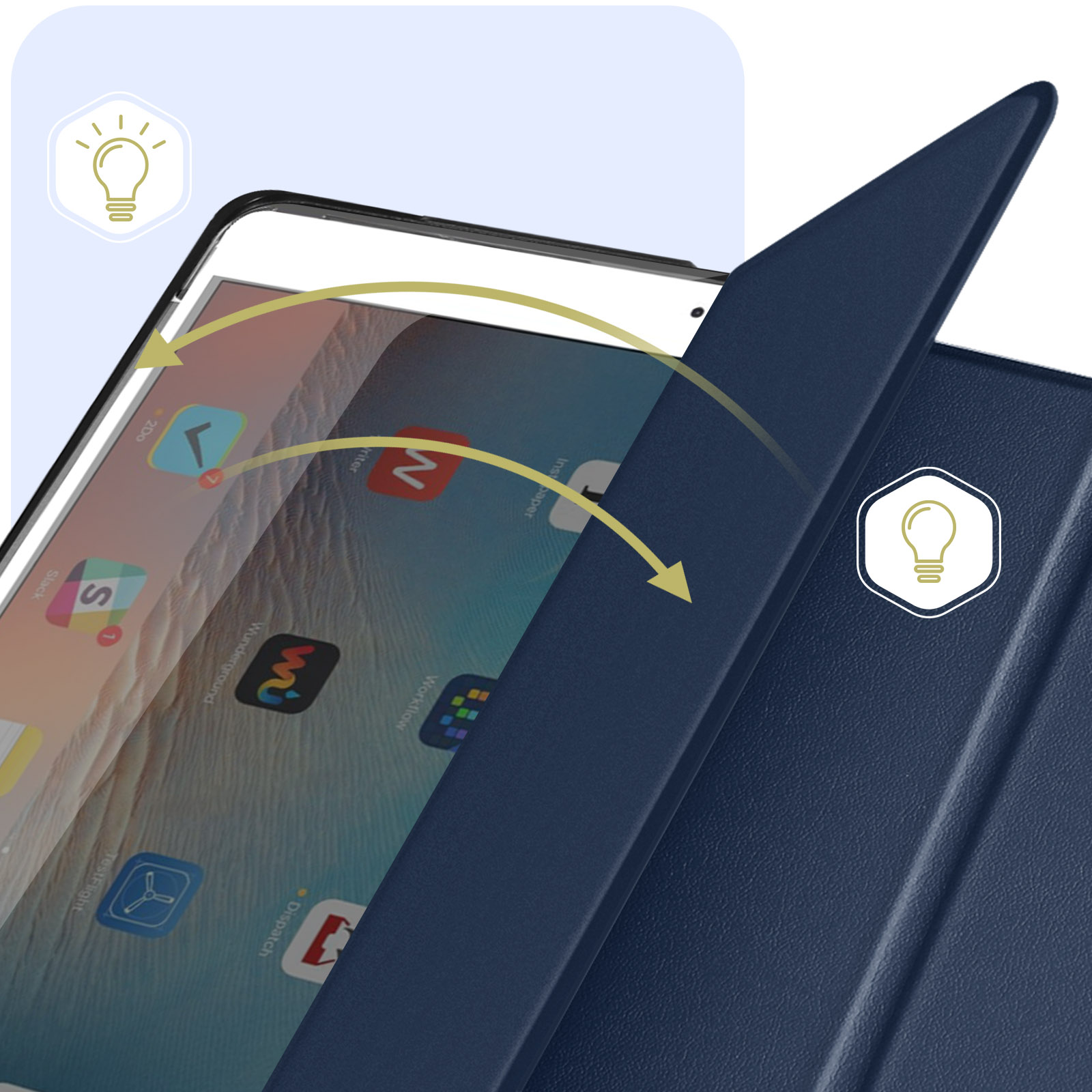 Custodia per tablet blu, aperta. Icone sullo schermo, con grafica a lampadina.
