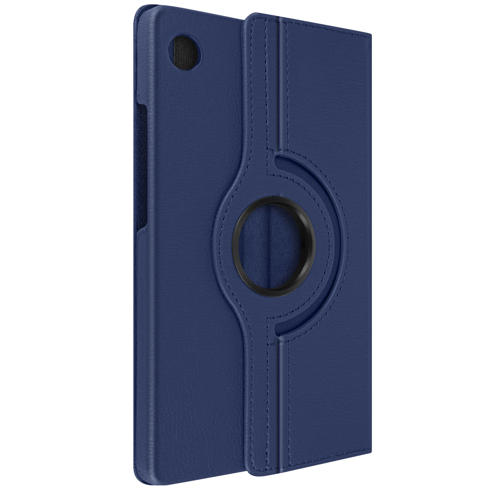 Custodia blu per tablet con anello rotante. Chiusa e in posizione verticale.