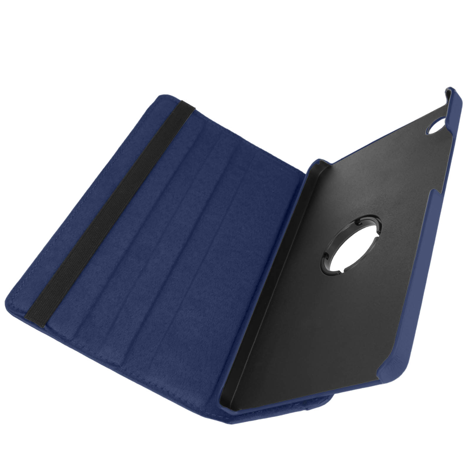 Custodia blu per tablet con fascia elastica nera. Interno nero con apertura per la fotocamera.
