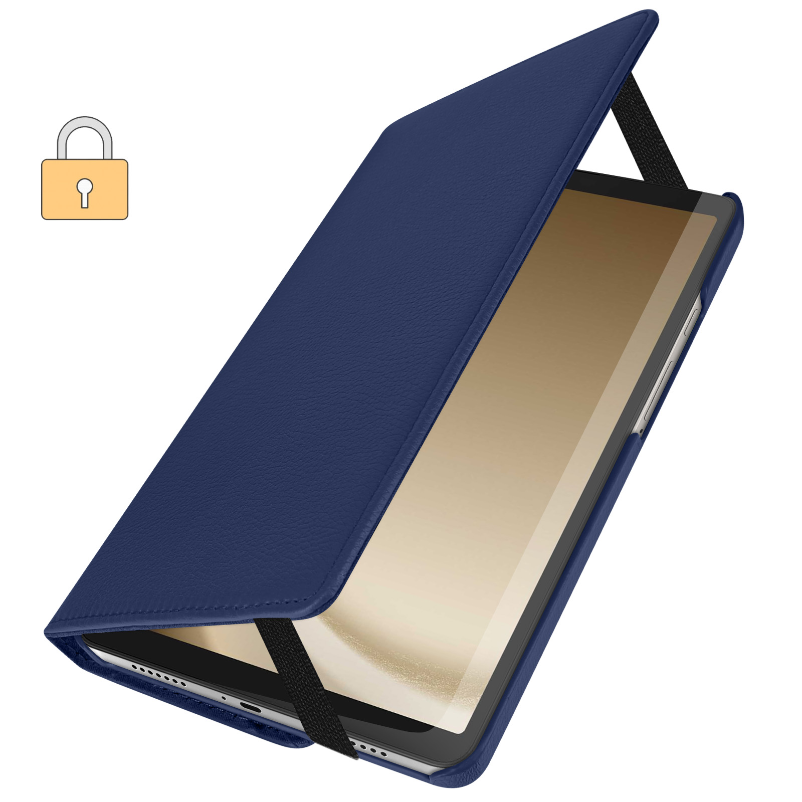 Custodia per tablet blu scuro con cinturino nero. Sfondo bianco.