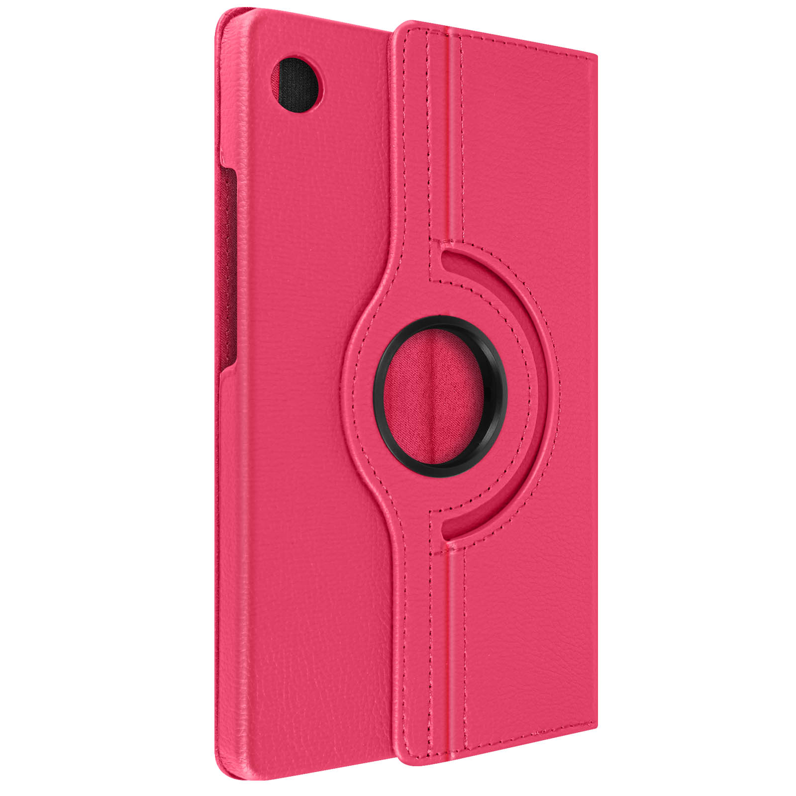 Custodia per tablet rosa, aperta, con supporto rotante. Sfondo bianco.