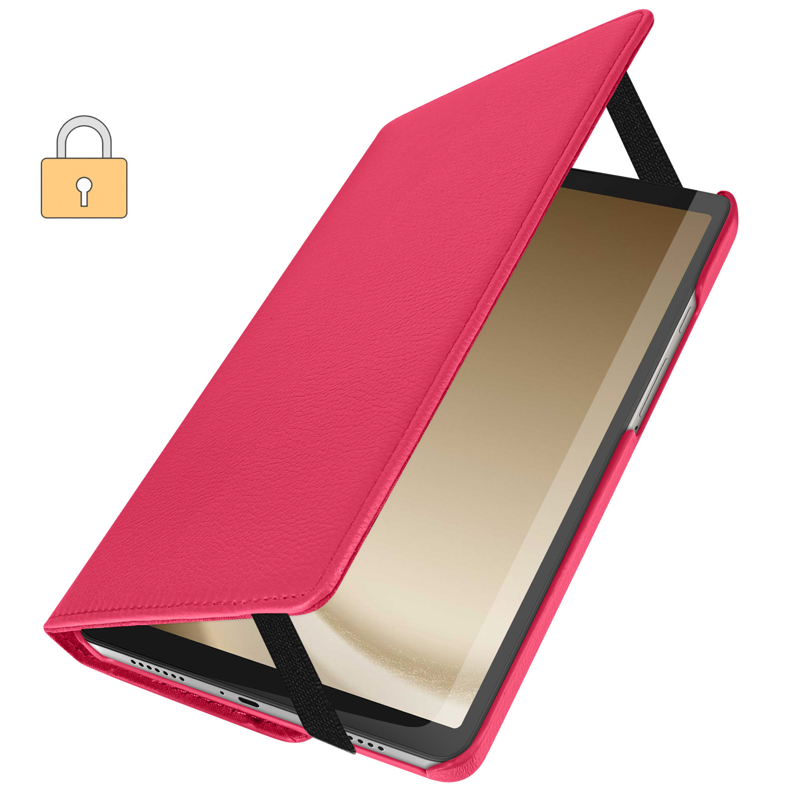 Custodia per tablet rosa con fascia elastica nera, chiusa. C'è un'icona di lucchetto nell'angolo.