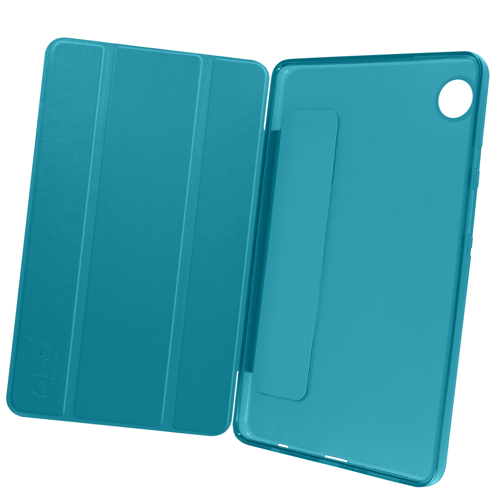 Custodia per tablet blu aperta. Il tablet è all'interno della custodia.