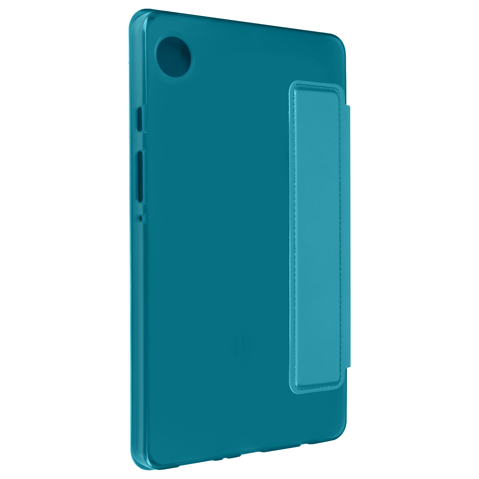 Custodia per tablet color verde acqua. La custodia è solida, con retro in plastica trasparente. Il tablet è dentro.