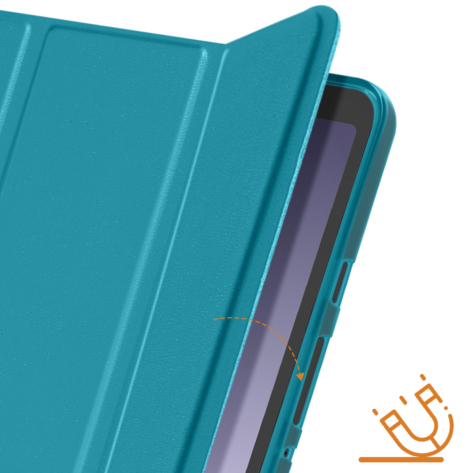 Custodia per tablet verde acqua parzialmente aperta, che mostra il tablet e un'icona magnete arancione.