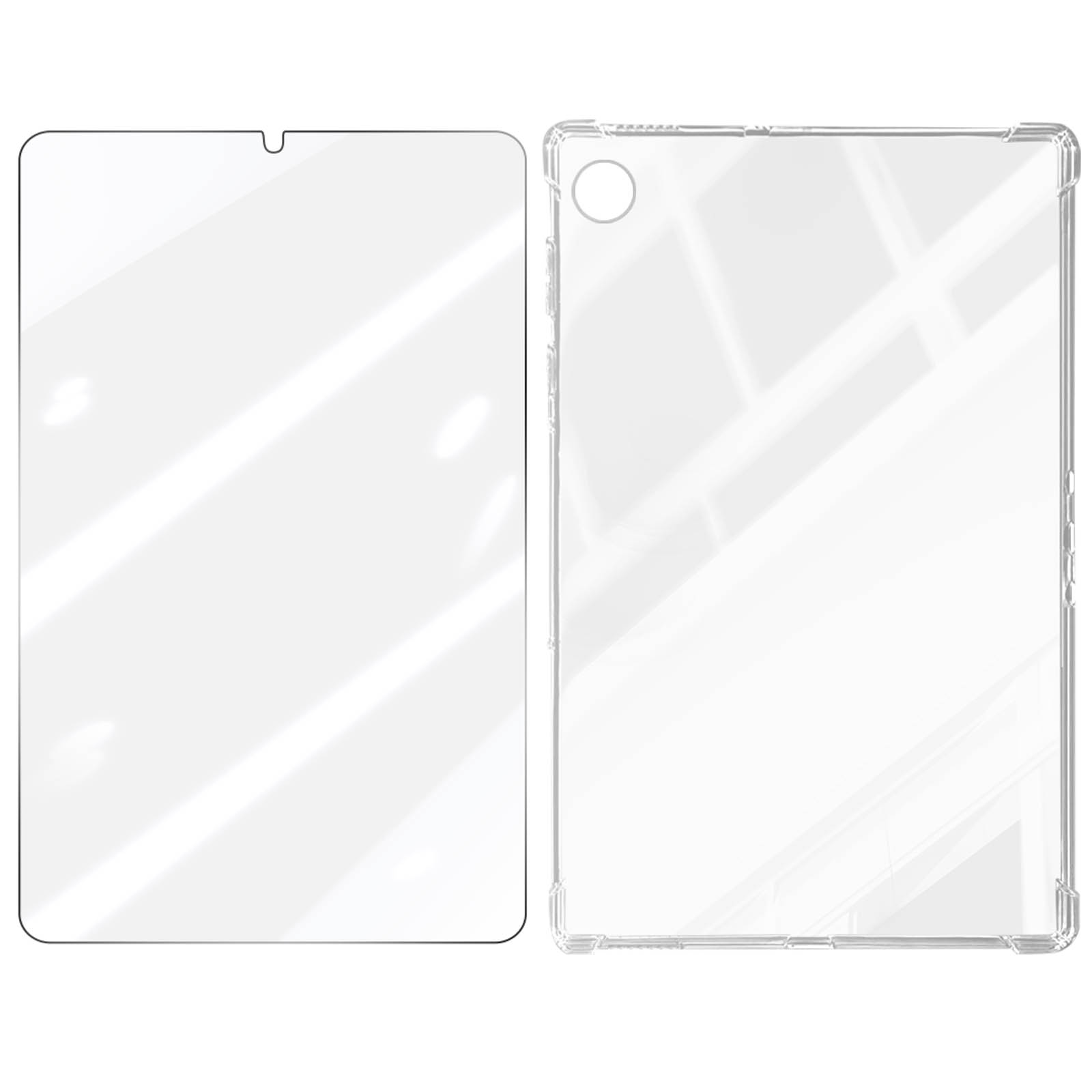Displayschutzfolie und eine transparente Tablethülle. Beide sind transparent.