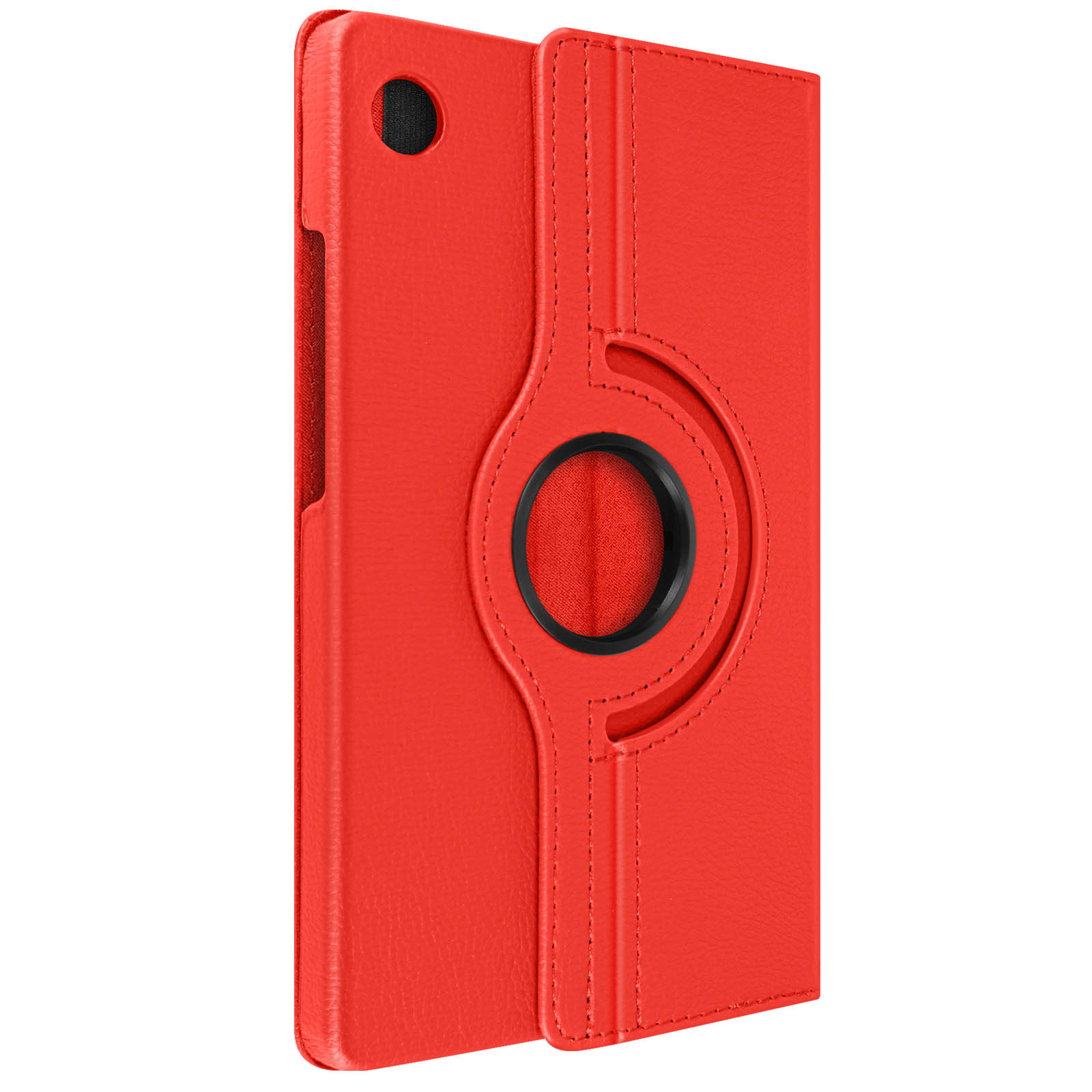 Custodia rossa per tablet con anello girevole e cuciture. La custodia è aperta.