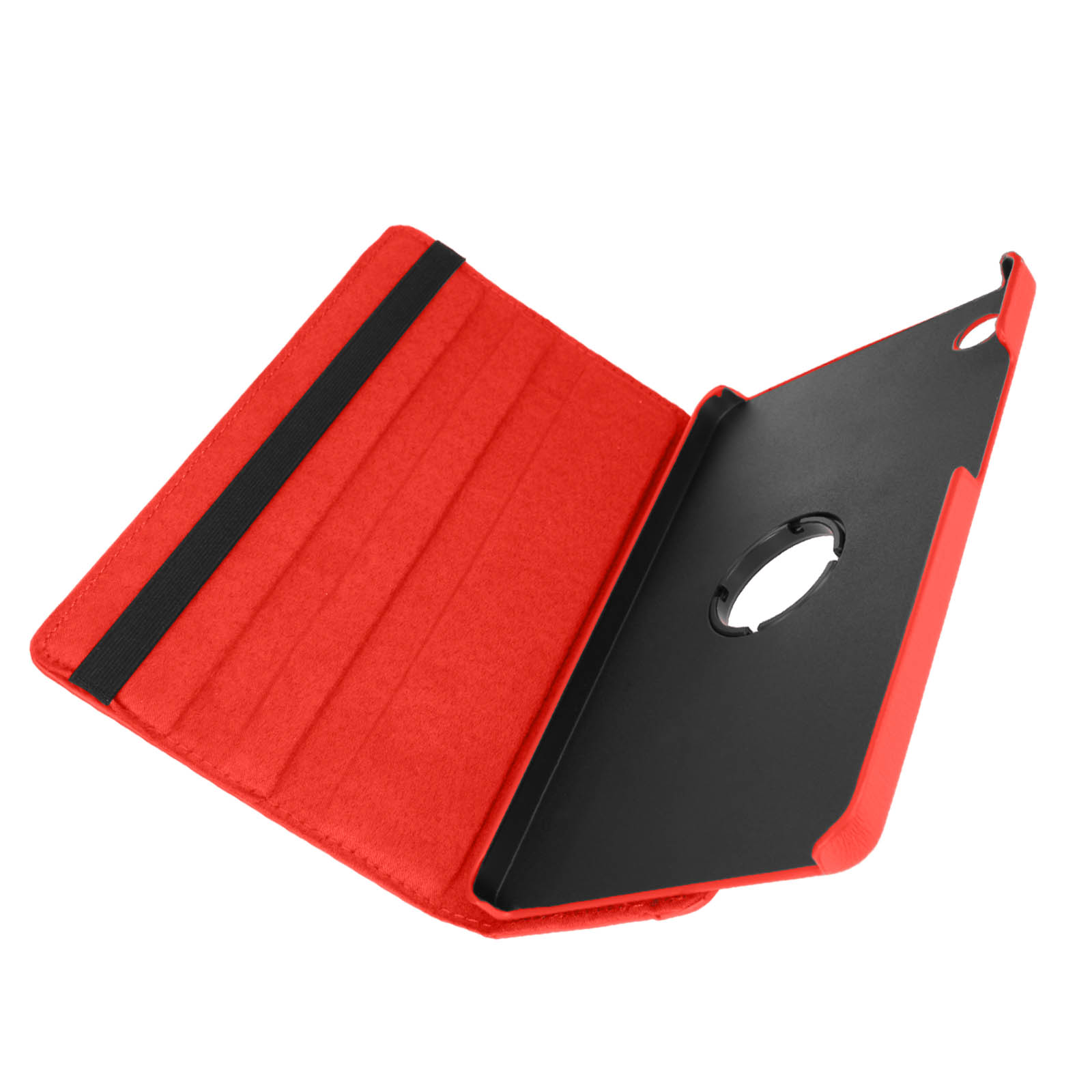 Custodia per tablet rossa aperta. Interno nero con fascia elastica nera visibile.