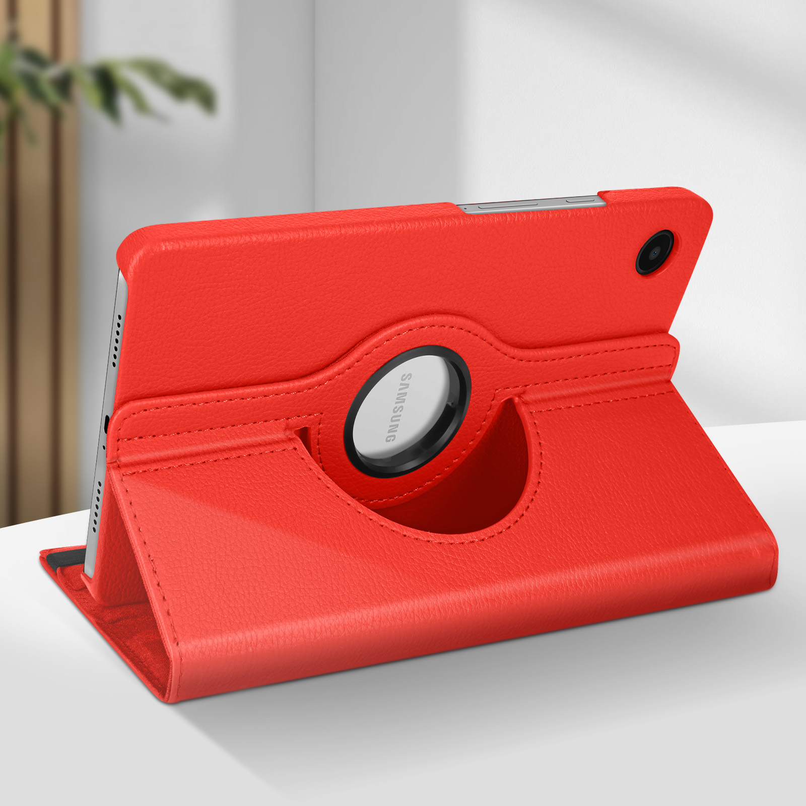 Custodia rossa per tablet con supporto girevole. La custodia è aperta, rivelando il logo Samsung.