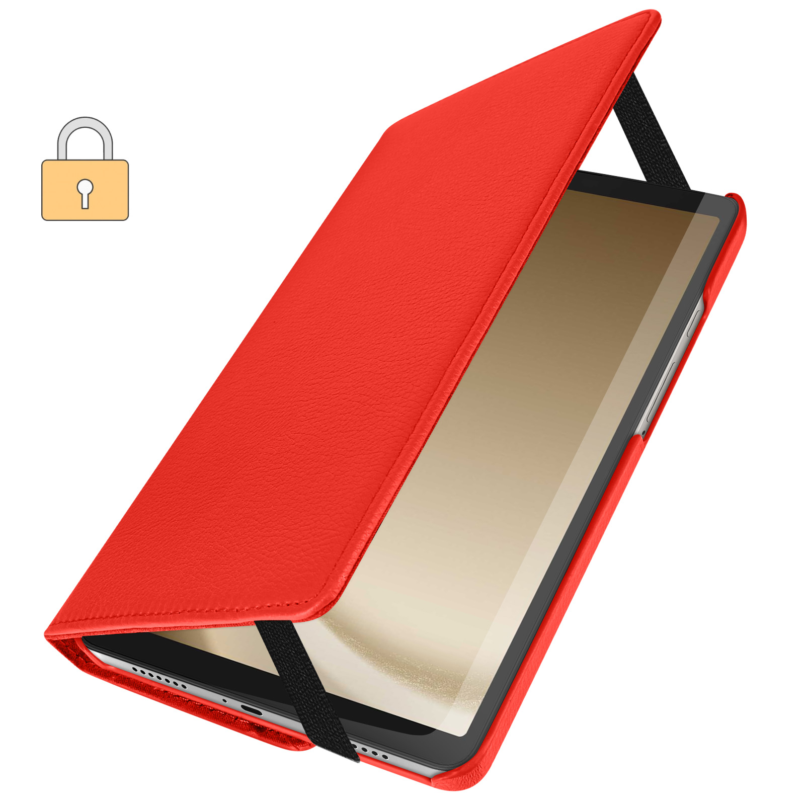Custodia per tablet rossa con fascia elastica nera. Icona lucchetto a sinistra.