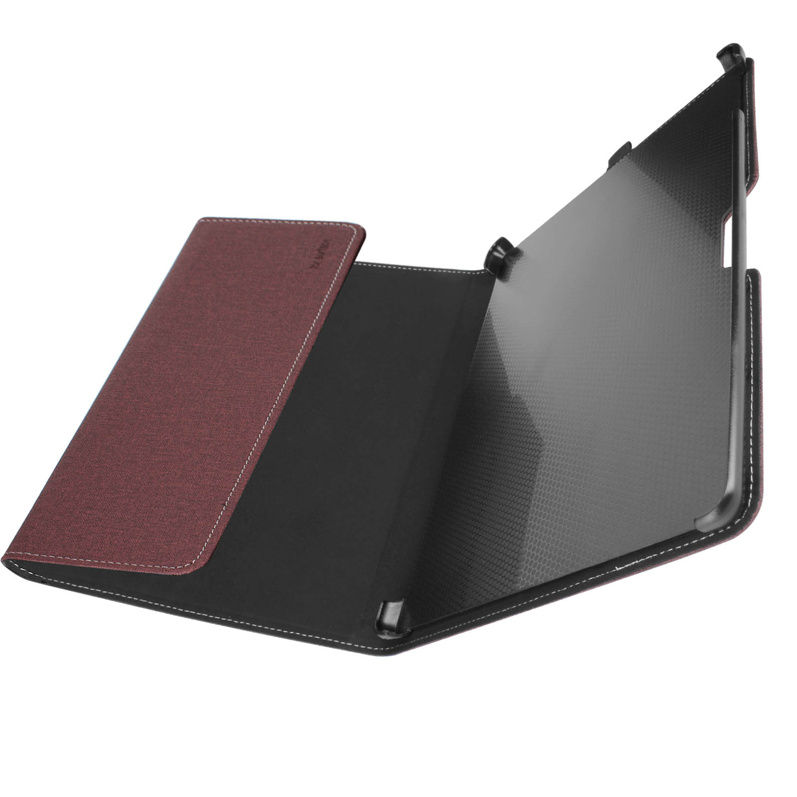 Una custodia per tablet aperta. Il tablet non è visibile. La custodia ha una copertura marrone scuro.