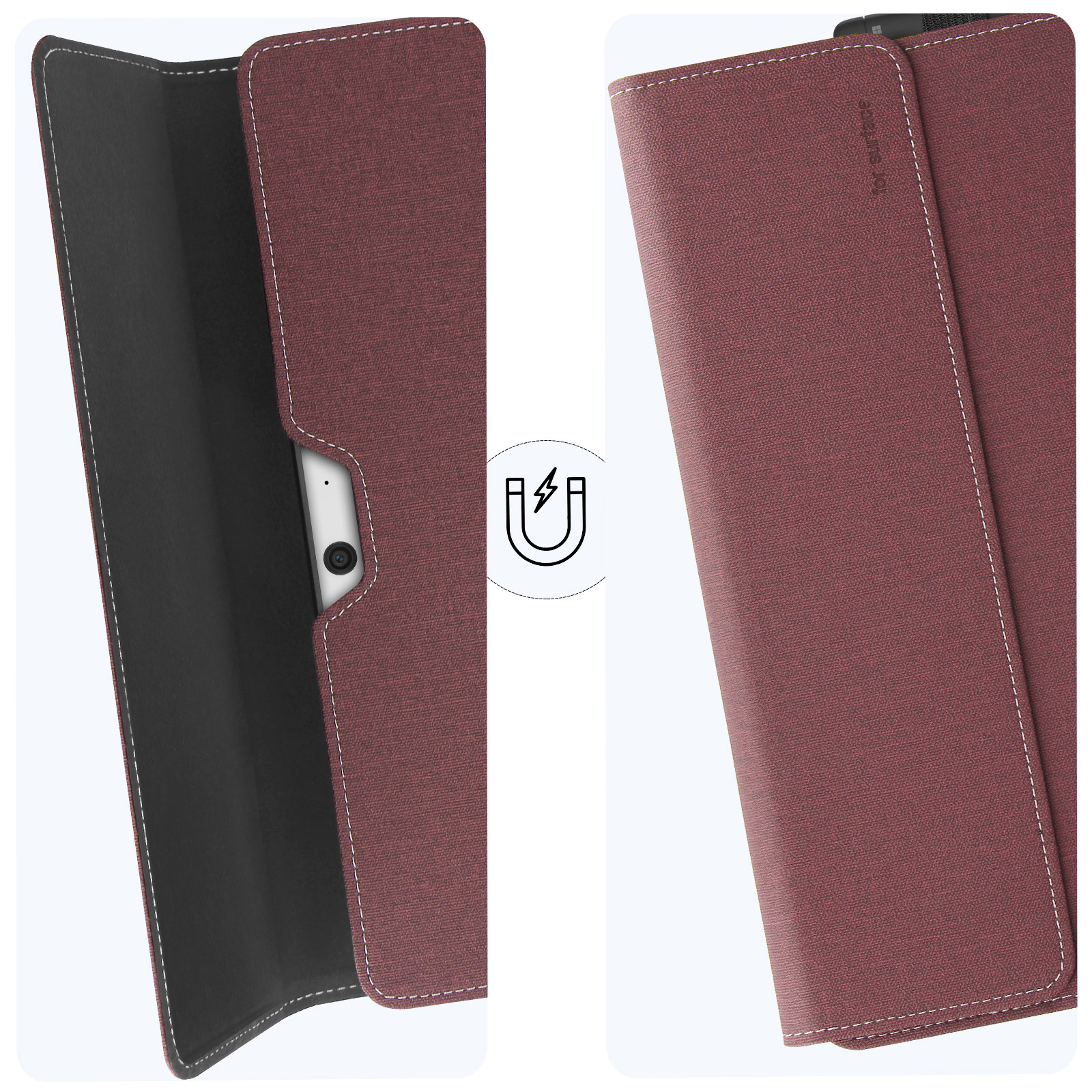 Tablet con custodia bordeaux parzialmente aperta, che mostra lo schermo.