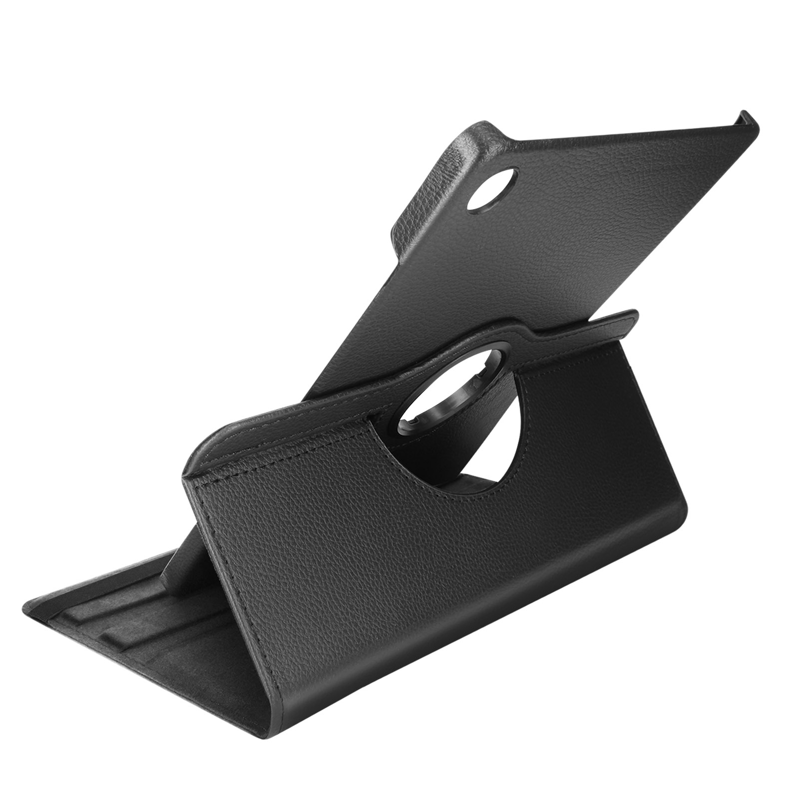Custodia nera per tablet in posizione supporto. La custodia è progettata per la visualizzazione. L'interno è visibile.