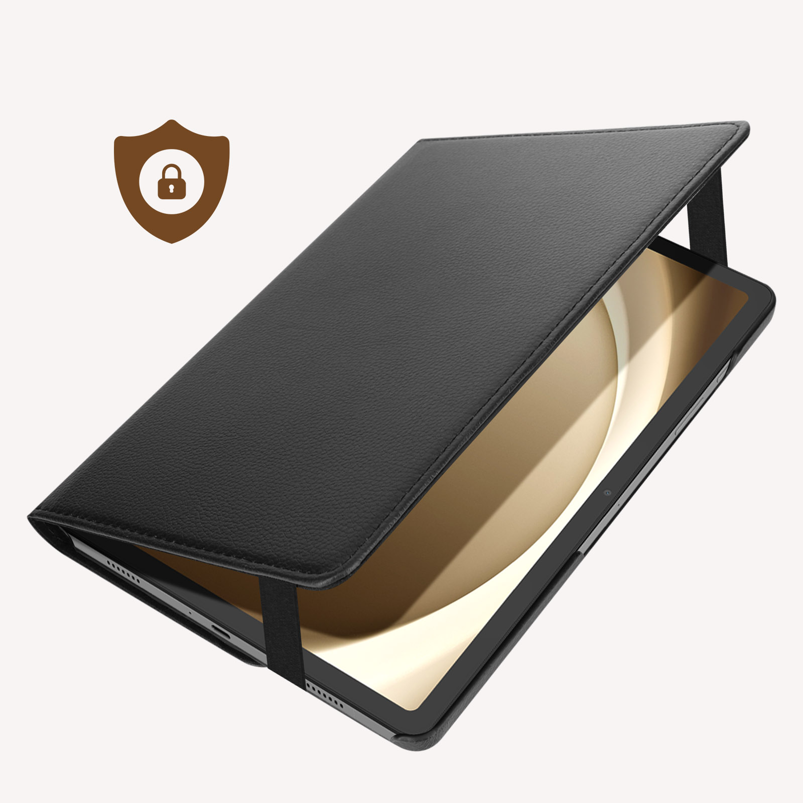 Custodia per tablet nera con coperchio nero aperto, tablet dorato all'interno e icona scudo.