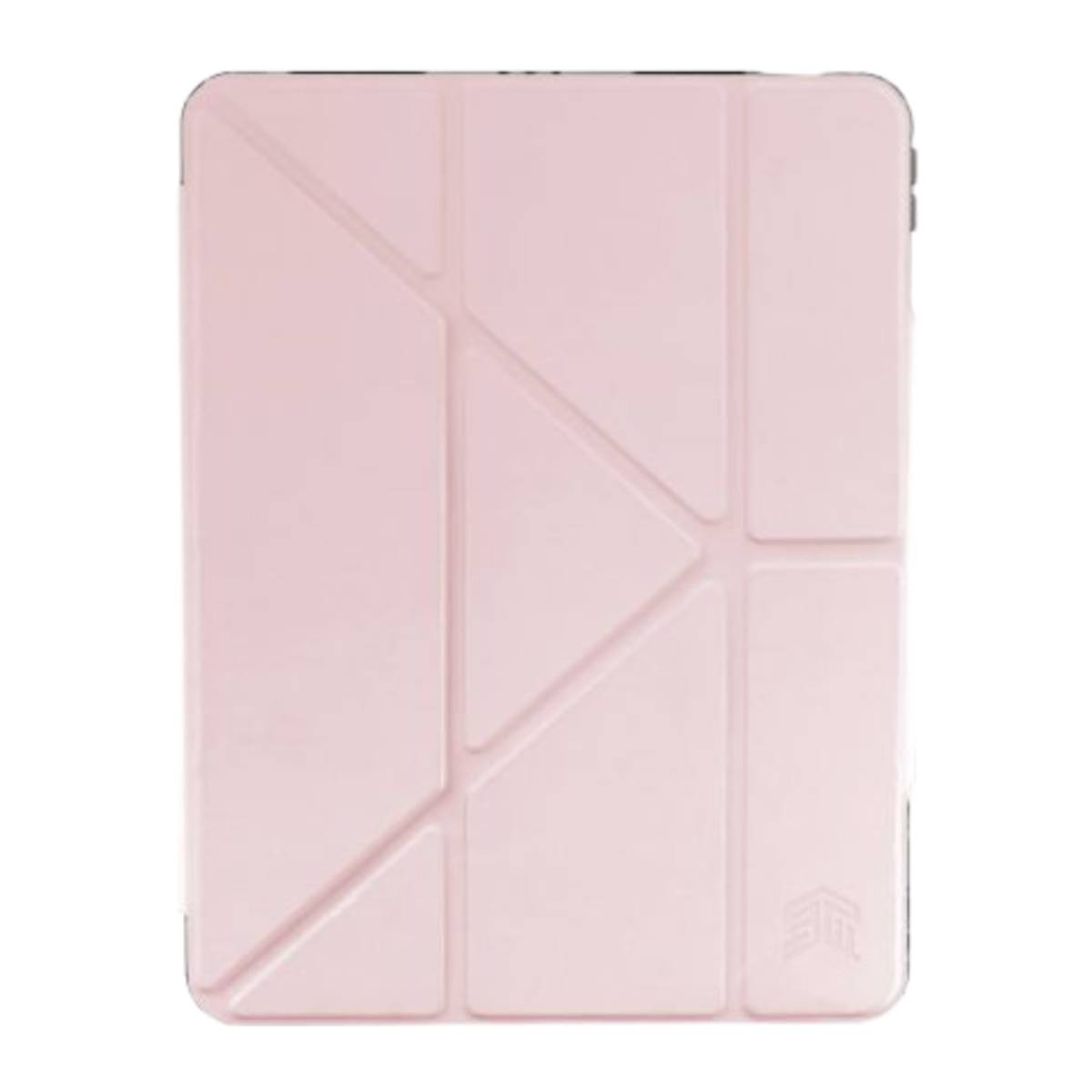 Custodia per tablet rosa, chiusa. Design geometrico sulla copertina. Sfondo bianco.