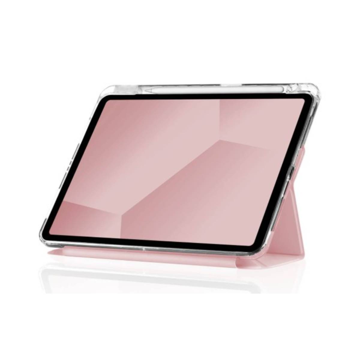 Tablet in custodia trasparente, su supporto rosa. Bordo nero circonda lo schermo.