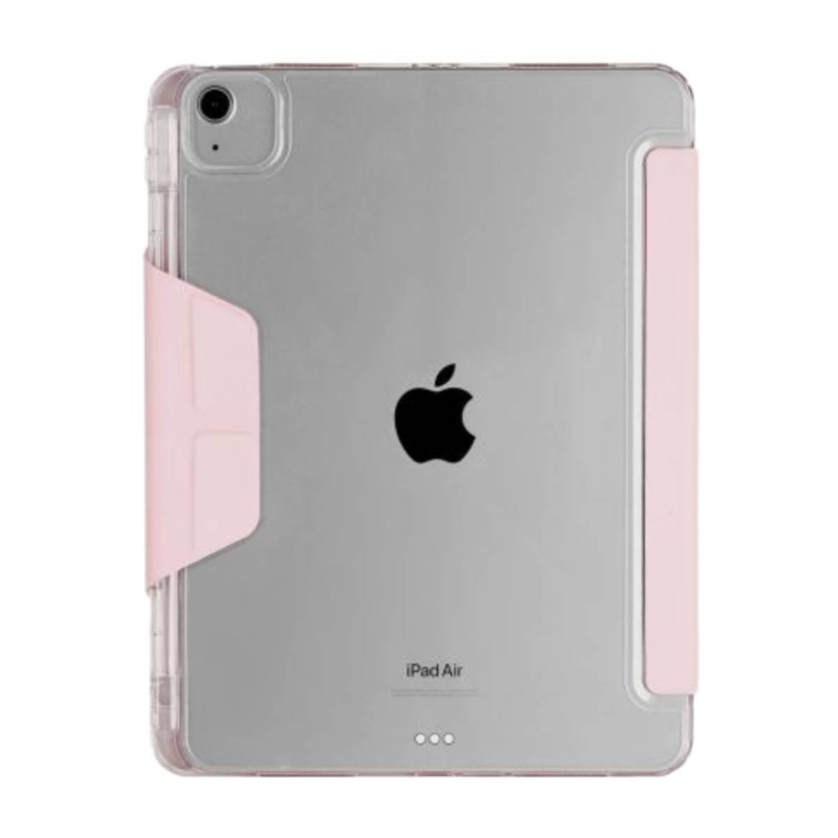 Retro di un iPad Air argento in una custodia rosa. Il logo Apple è visibile.