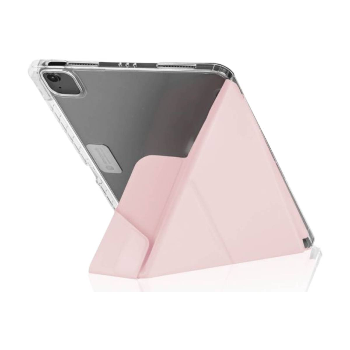 Tablet rosa in una custodia trasparente, angolato su una superficie bianca.