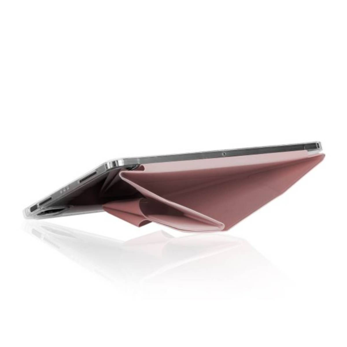 Tablet in una custodia rosa, appoggiato ad angolo. Sfondo bianco.