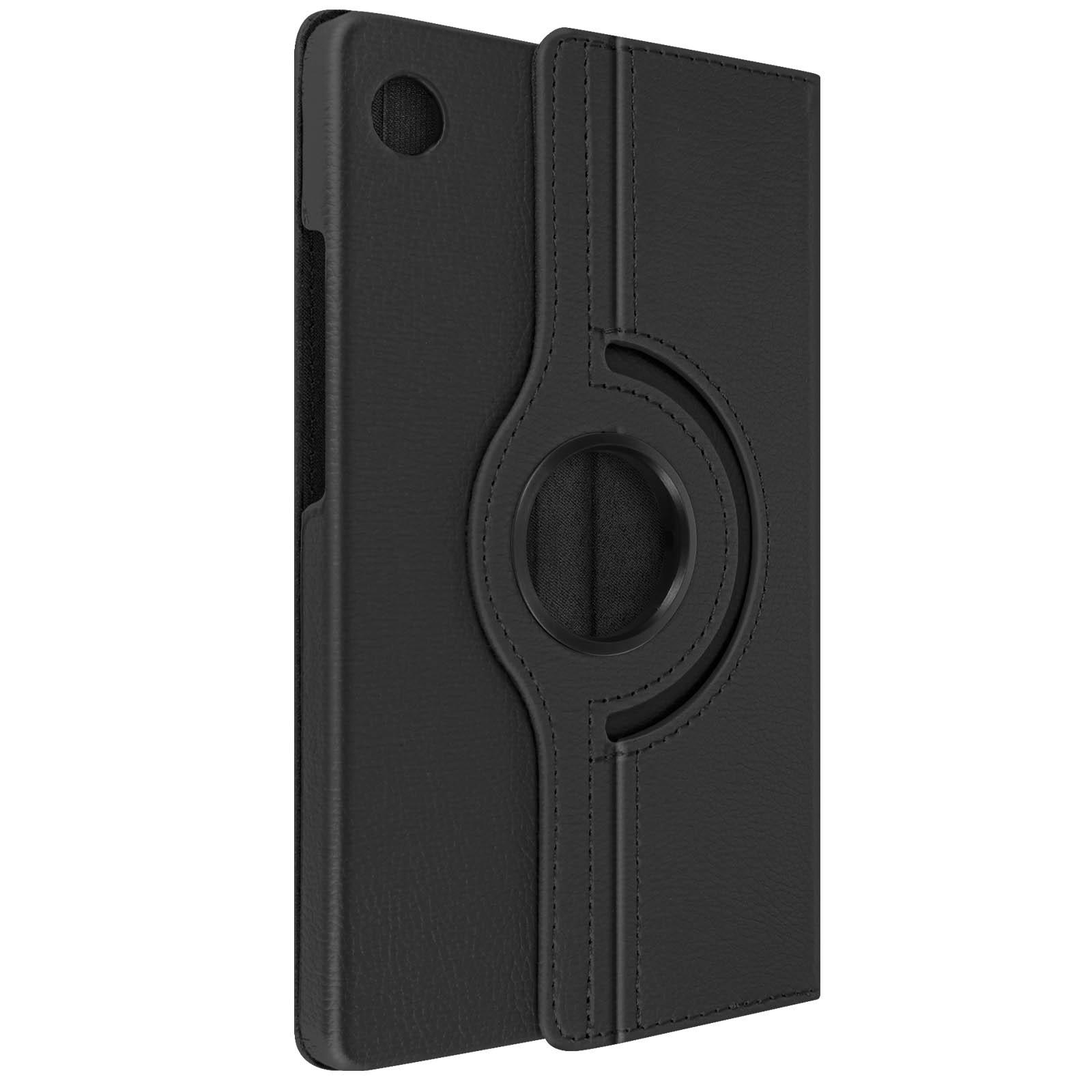 Custodia per tablet nera. La custodia ha un anello rotante e un supporto. Sfondo bianco.