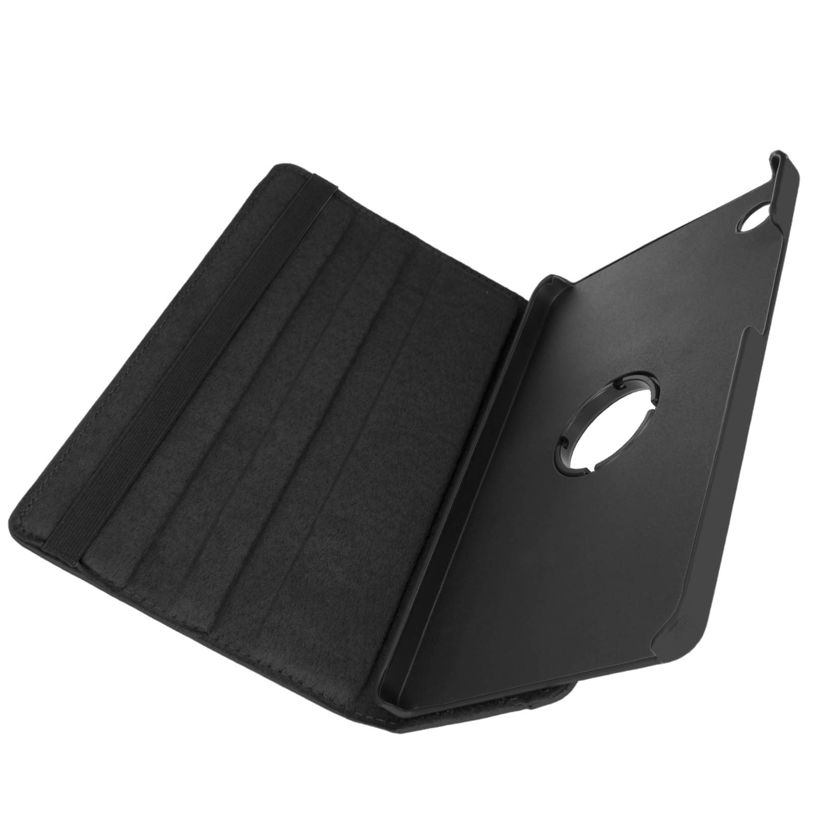 La custodia nera per tablet è aperta. Il tablet all'interno non è visibile. È visibile una cinghia elastica.