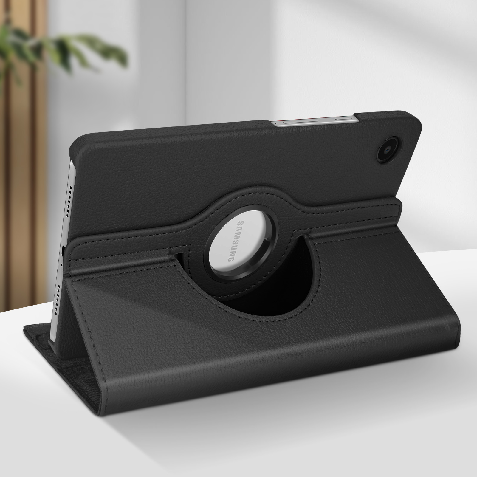 Custodia per tablet nera con supporto rotante, logo Samsung visibile.
