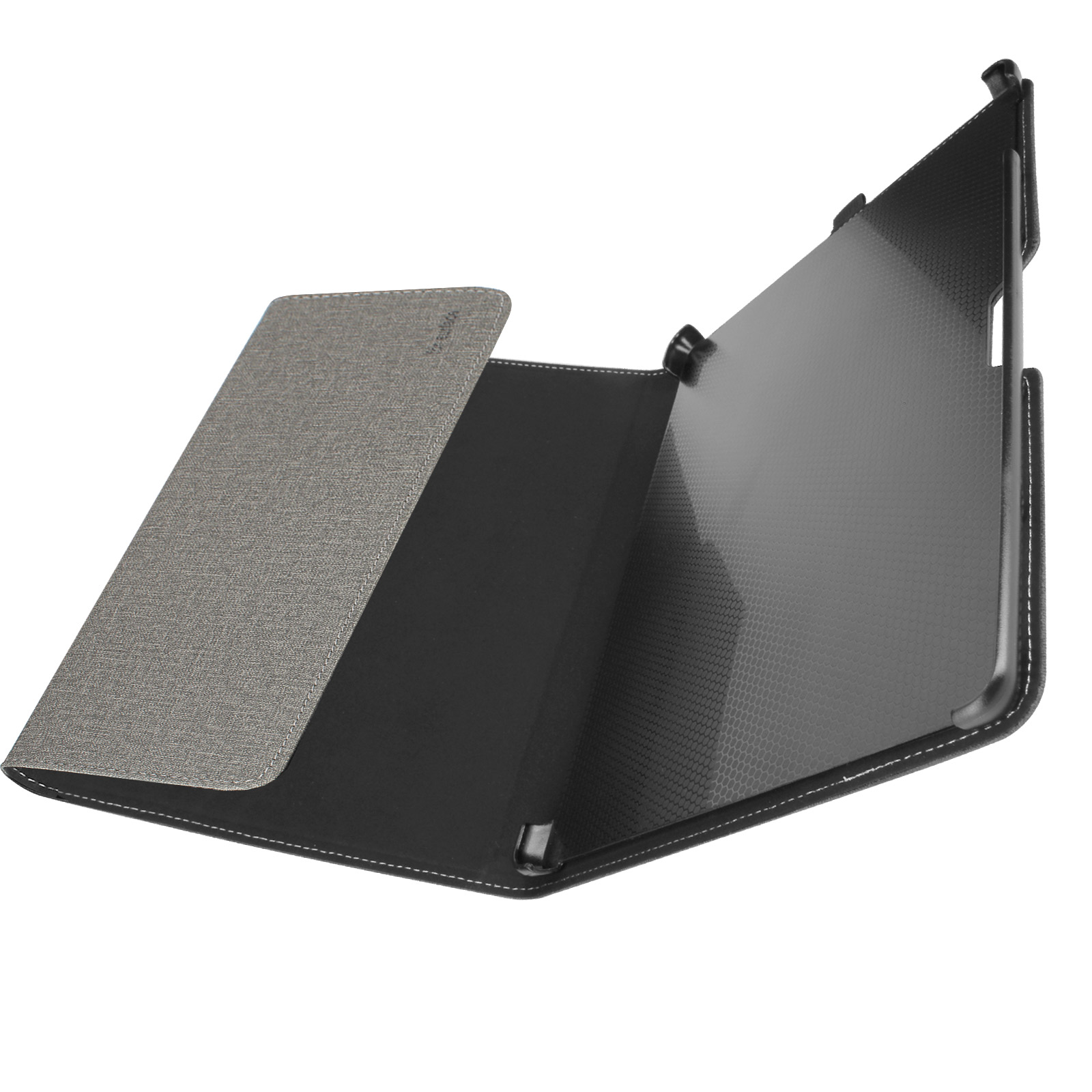 Custodia per tablet, aperta. Un lato in tessuto grigio, l'altro nero. La copertura è aperta.
