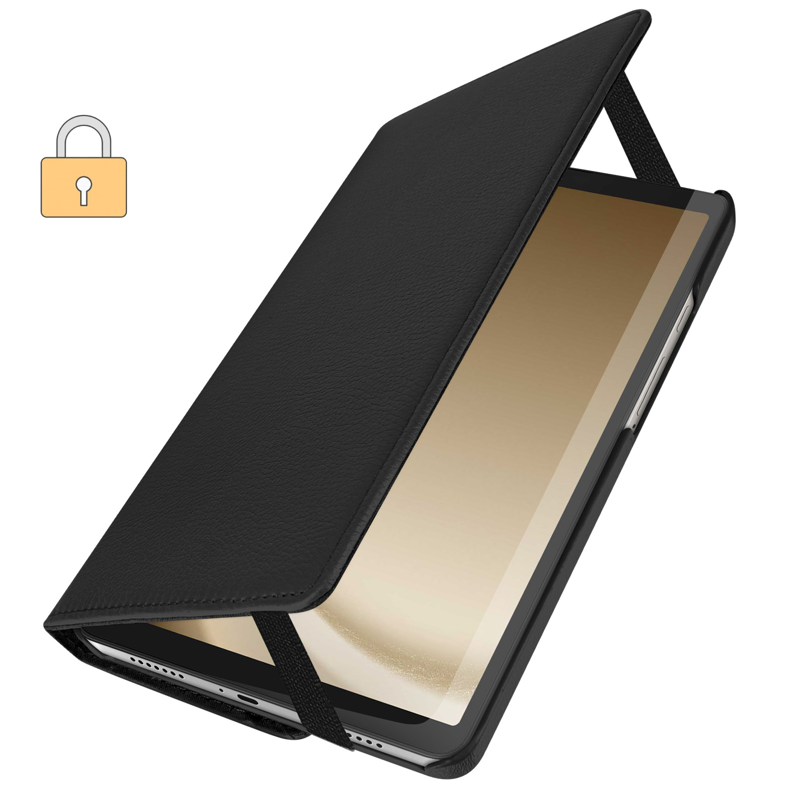 Custodia per tablet nera. La custodia è chiusa, con un'icona di lucchetto visibile.