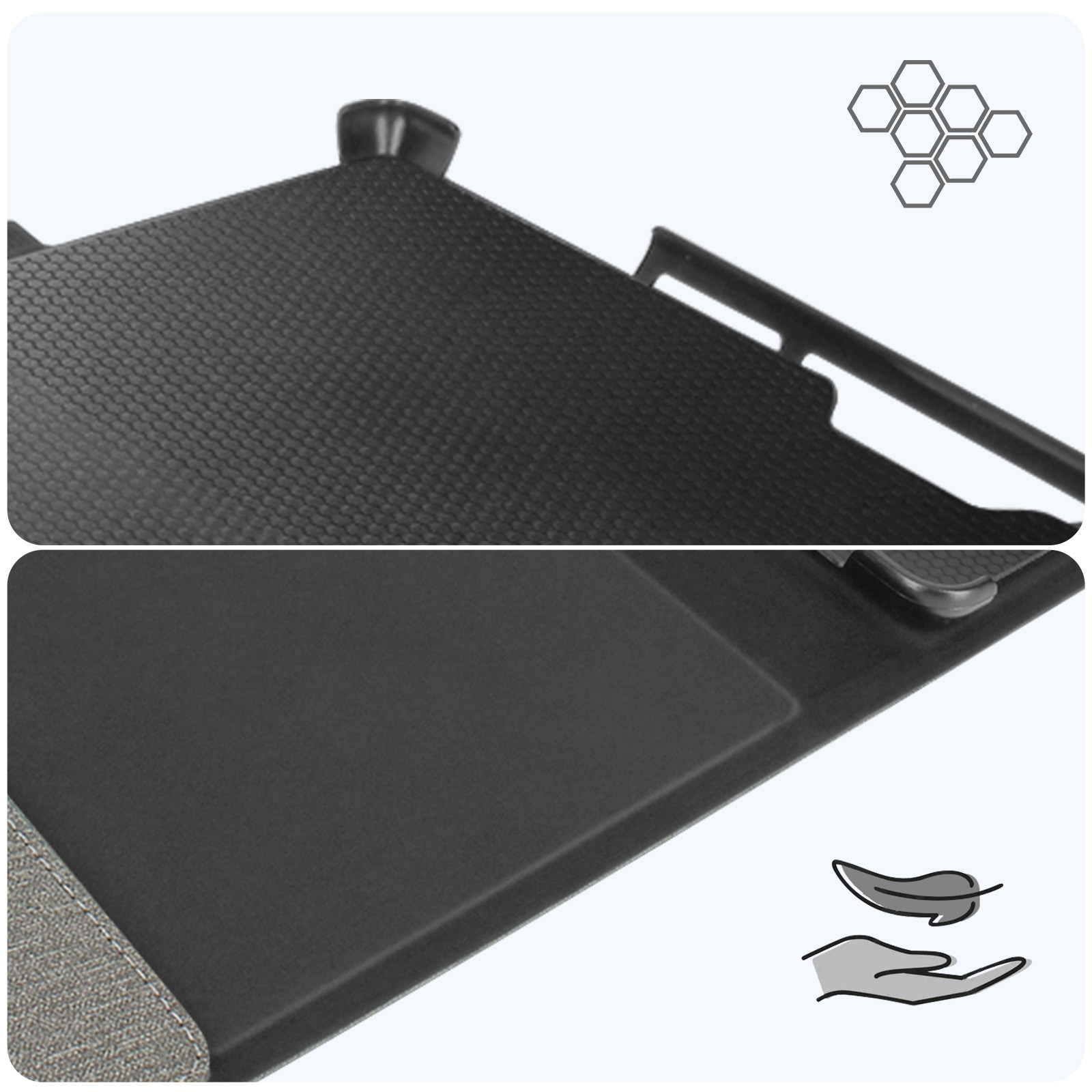 Primo piano di una custodia per tablet. La parte superiore mostra una superficie strutturata e la parte inferiore una superficie liscia.