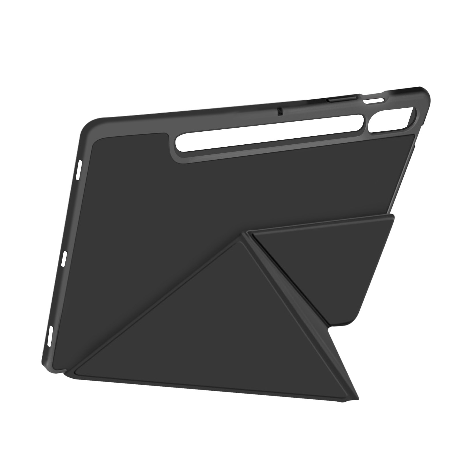 Custodia per tablet nera con supporto. È su sfondo bianco.