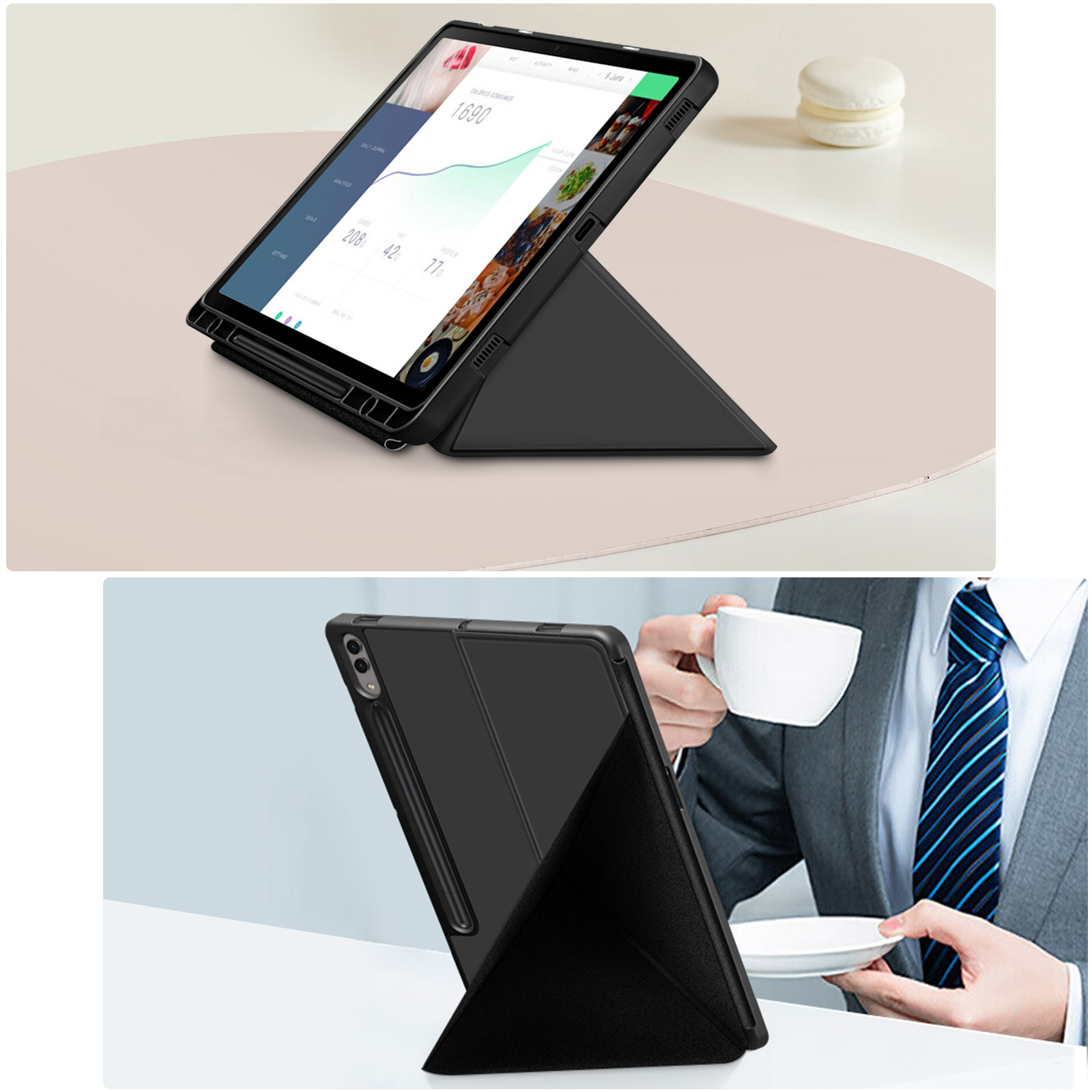Tablet in un supporto, mostra grafici, con macarons sullo sfondo. Un altro con tazza bianca.