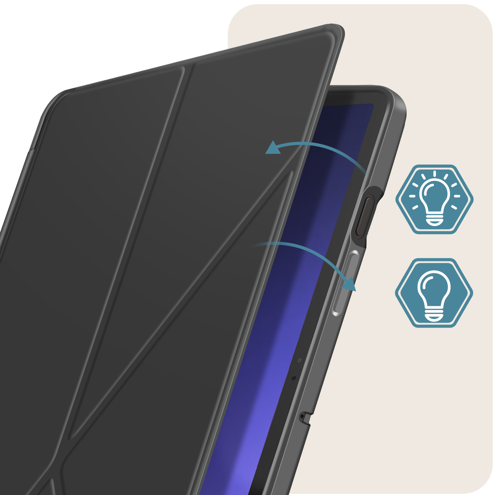 Tablet con custodia nera, apertura con icone a lampadina, che mostra lo schermo.