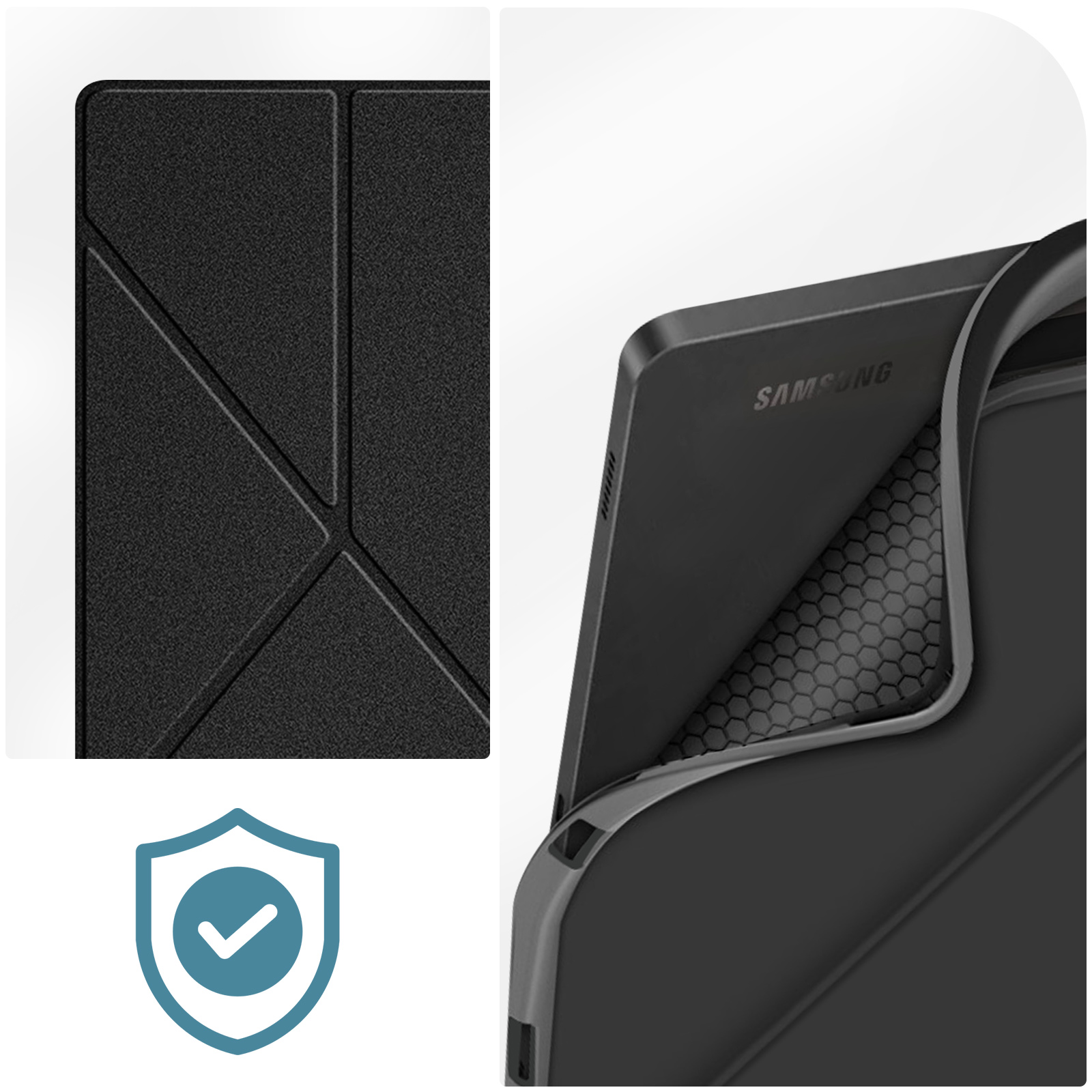 Una custodia per tablet con un motivo geometrico. La custodia è aperta e mostra l'interno.