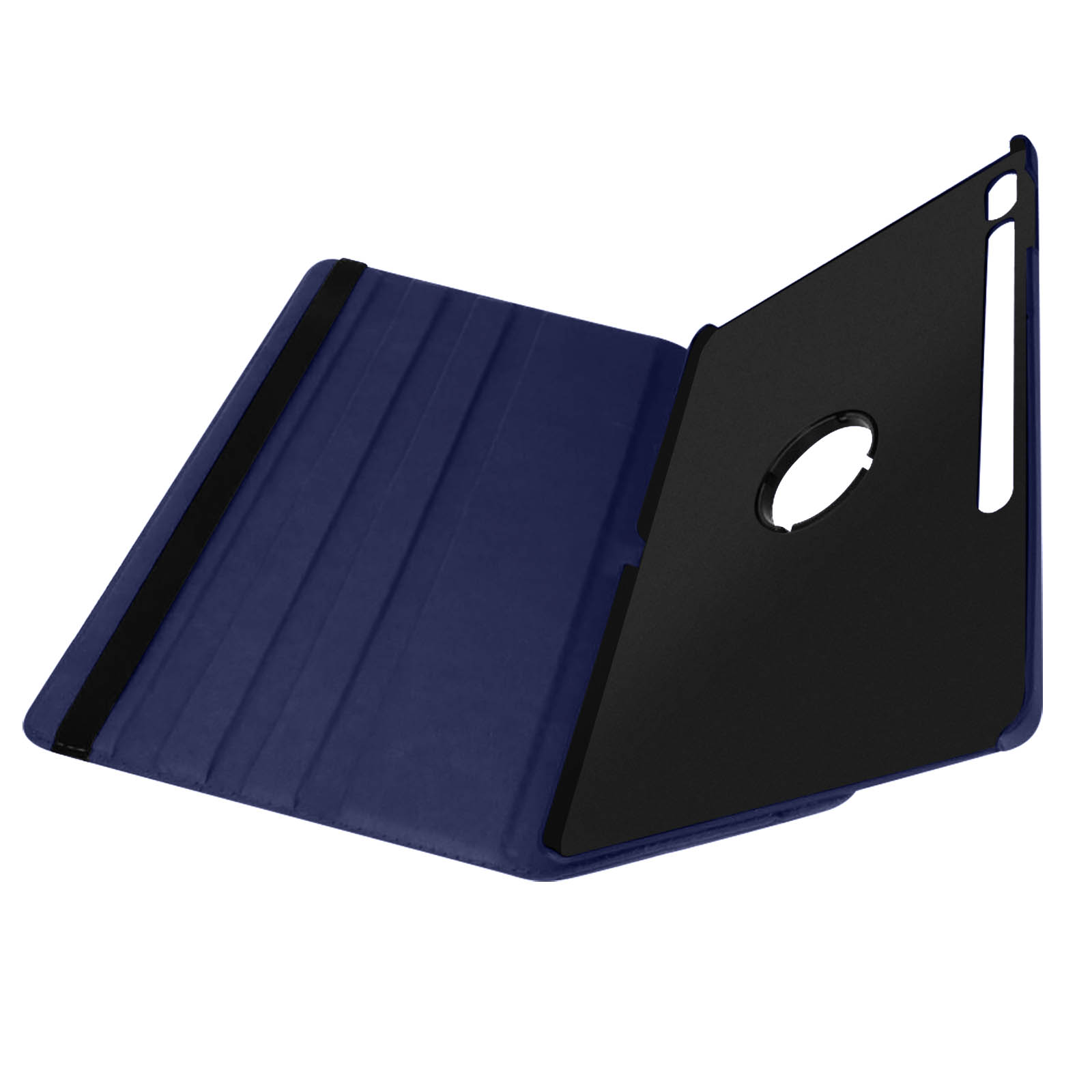 Custodia per tablet blu aperta. Interno nero. Ritaglio circolare visibile.