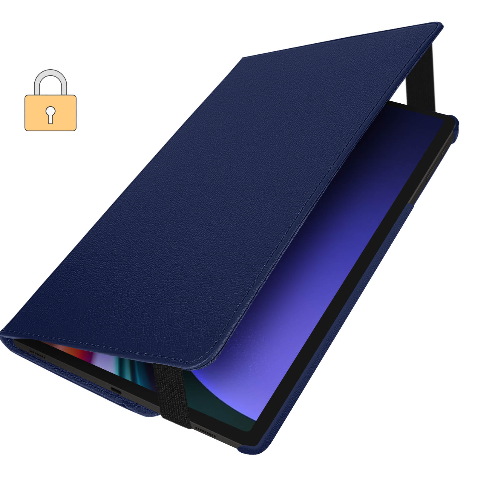 Custodia blu per tablet con schermo scuro e icona a lucchetto.