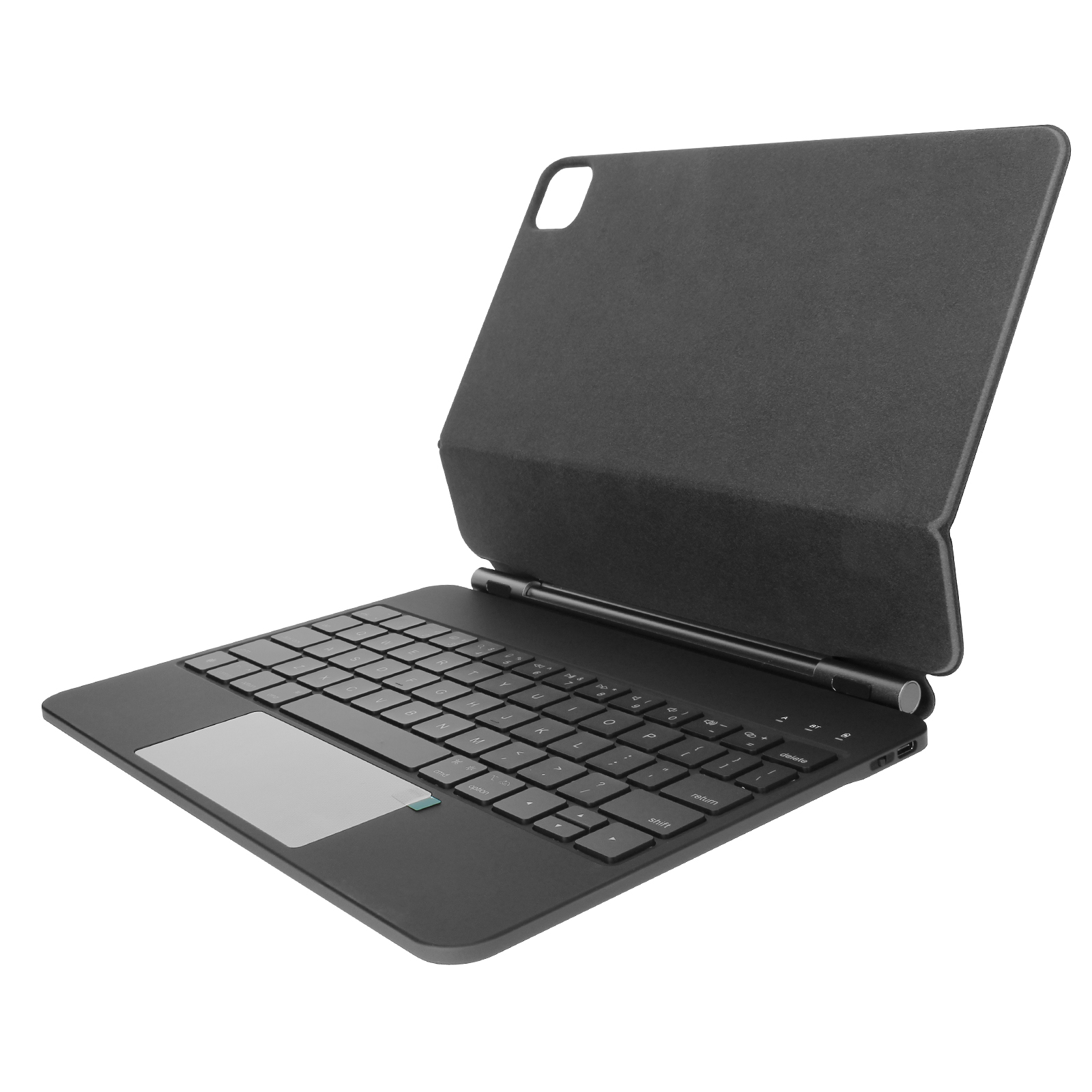 Custodia per tastiera nera per tablet. La tastiera è aperta e rivolta verso l'alto.