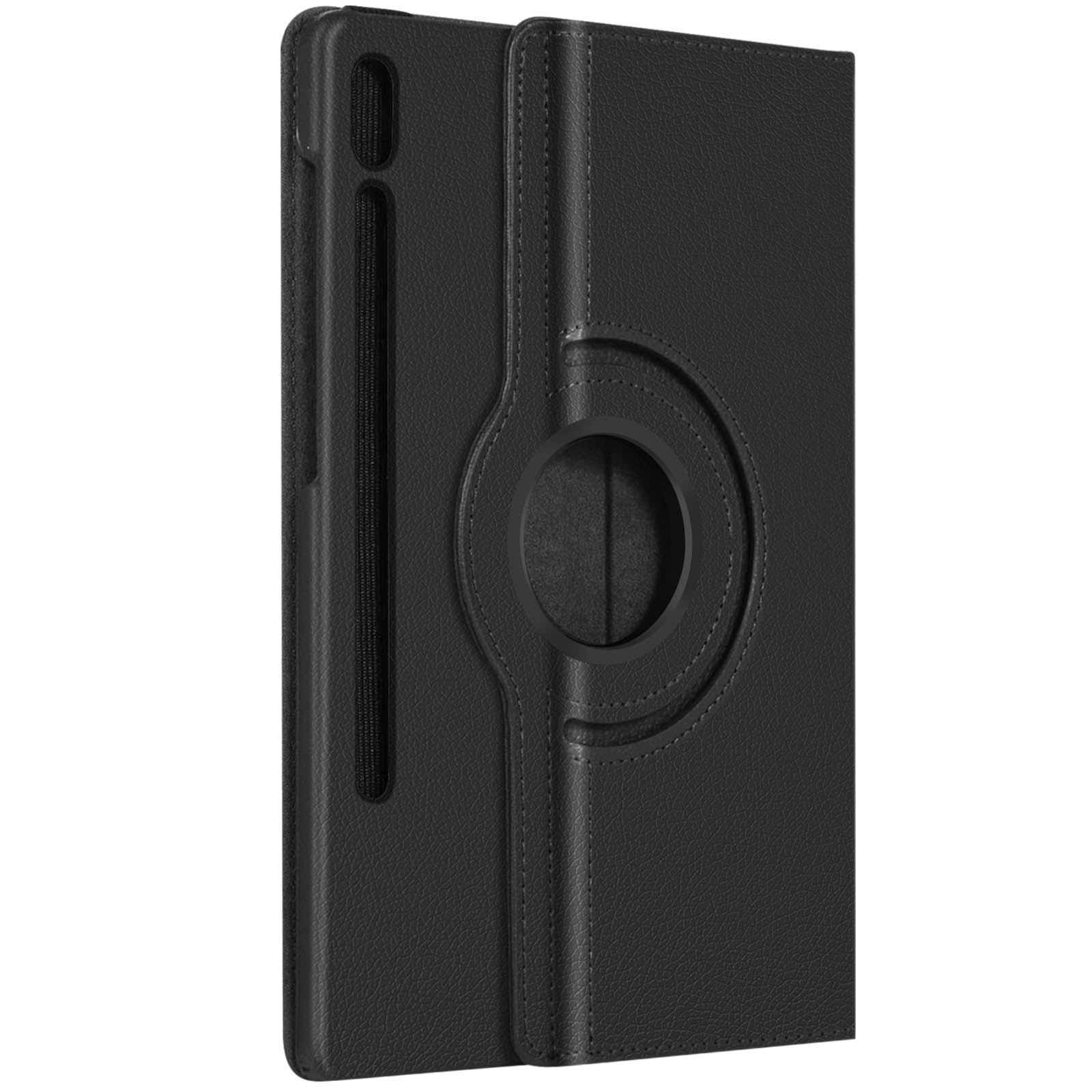 Custodia per tablet in pelle nera, chiusa. Un porta stilo sul lato. Ritaglio circolare.