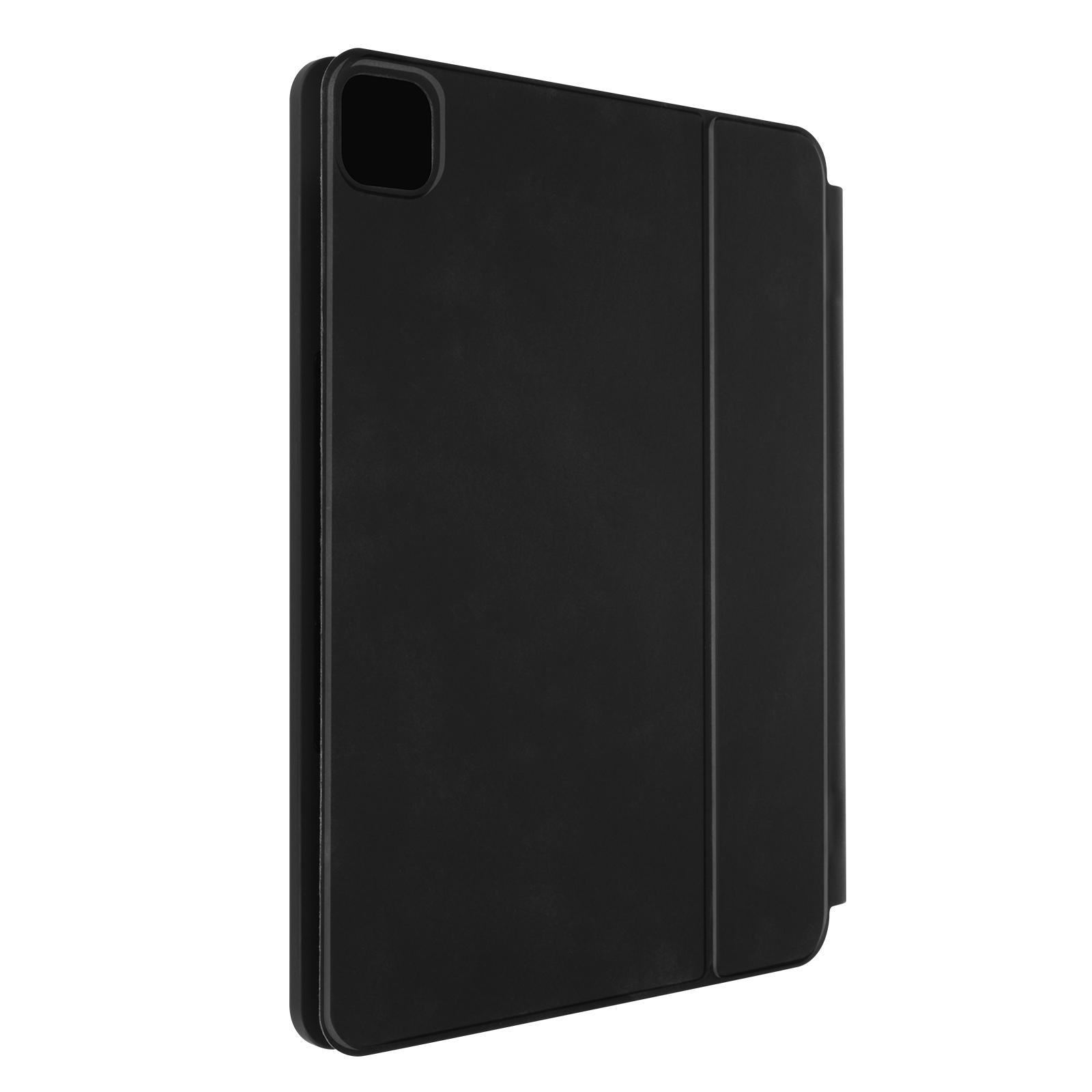 Custodia nera per tablet in posizione chiusa. La custodia è liscia, con un ritaglio per la fotocamera.