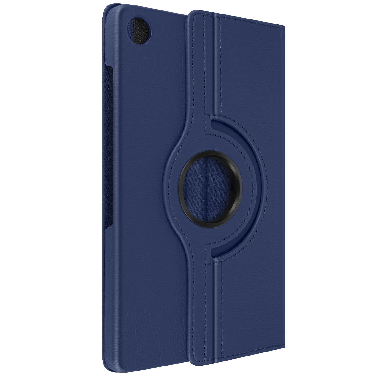 Custodia per tablet blu, con anello rotante, chiusa.