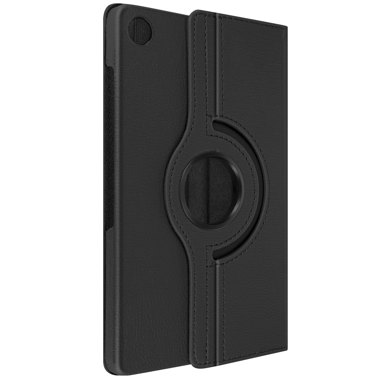 Custodia nera per tablet con anello rotante. Chiusa e in posizione verticale.